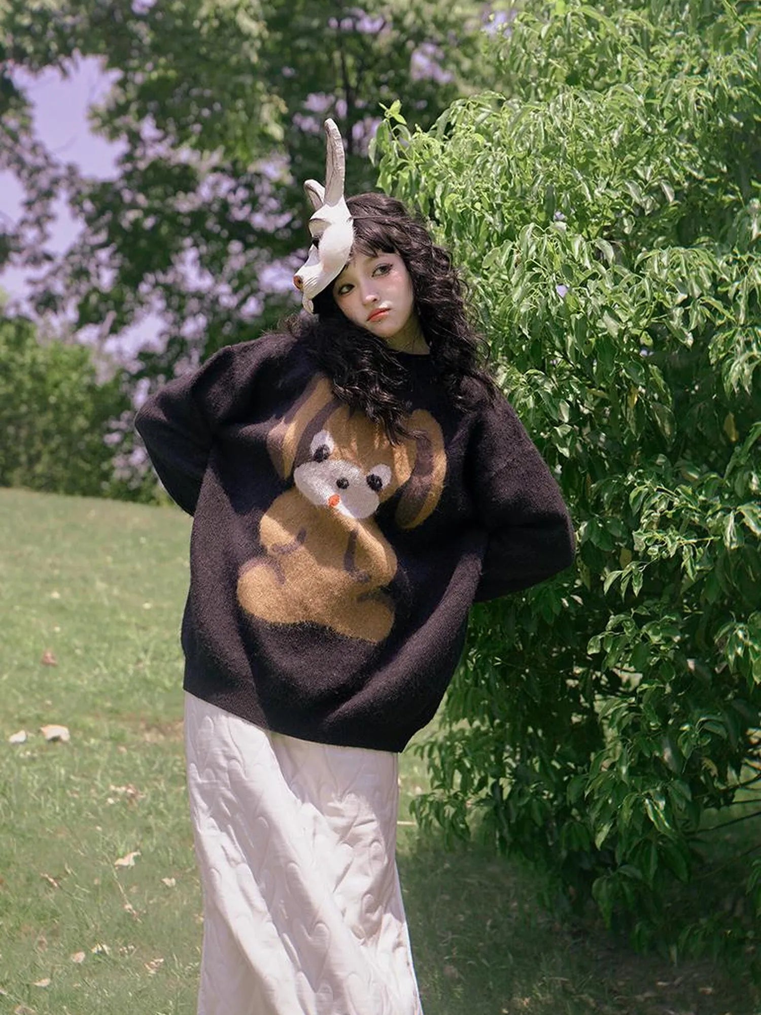 Cute Cartoon Dog Print Knitted Sweater V Neck T Shirt Long Sleeve