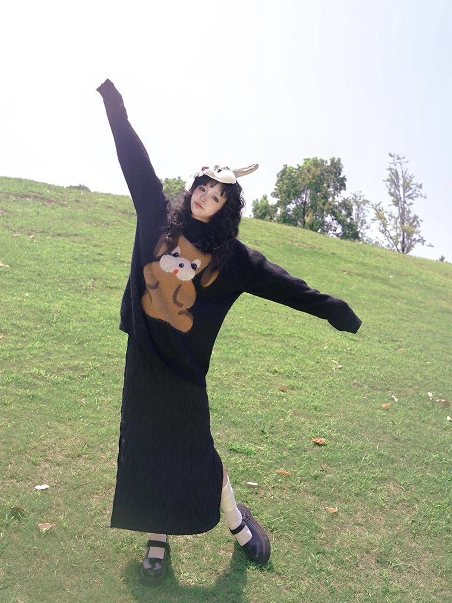 Cute Cartoon Dog Print Knitted Sweater V Neck T Shirt Long Sleeve