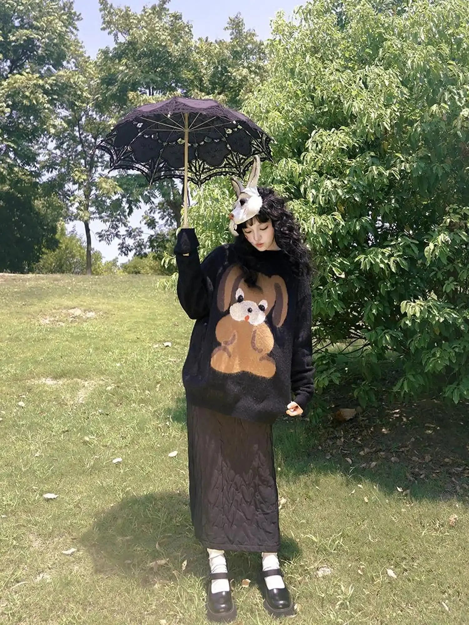 Cute Cartoon Dog Print Knitted Sweater V Neck T Shirt Long Sleeve