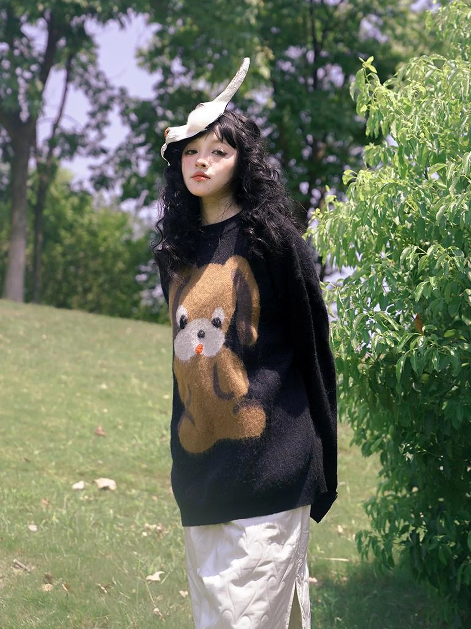 Cute Cartoon Dog Print Knitted Sweater V Neck T Shirt Long Sleeve