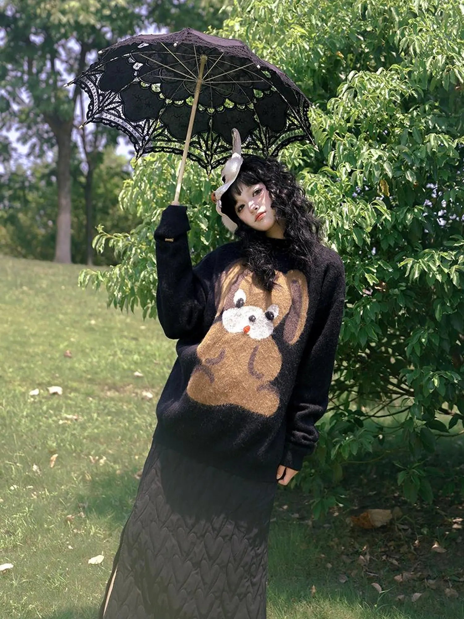 Cute Cartoon Dog Print Knitted Sweater V Neck T Shirt Long Sleeve