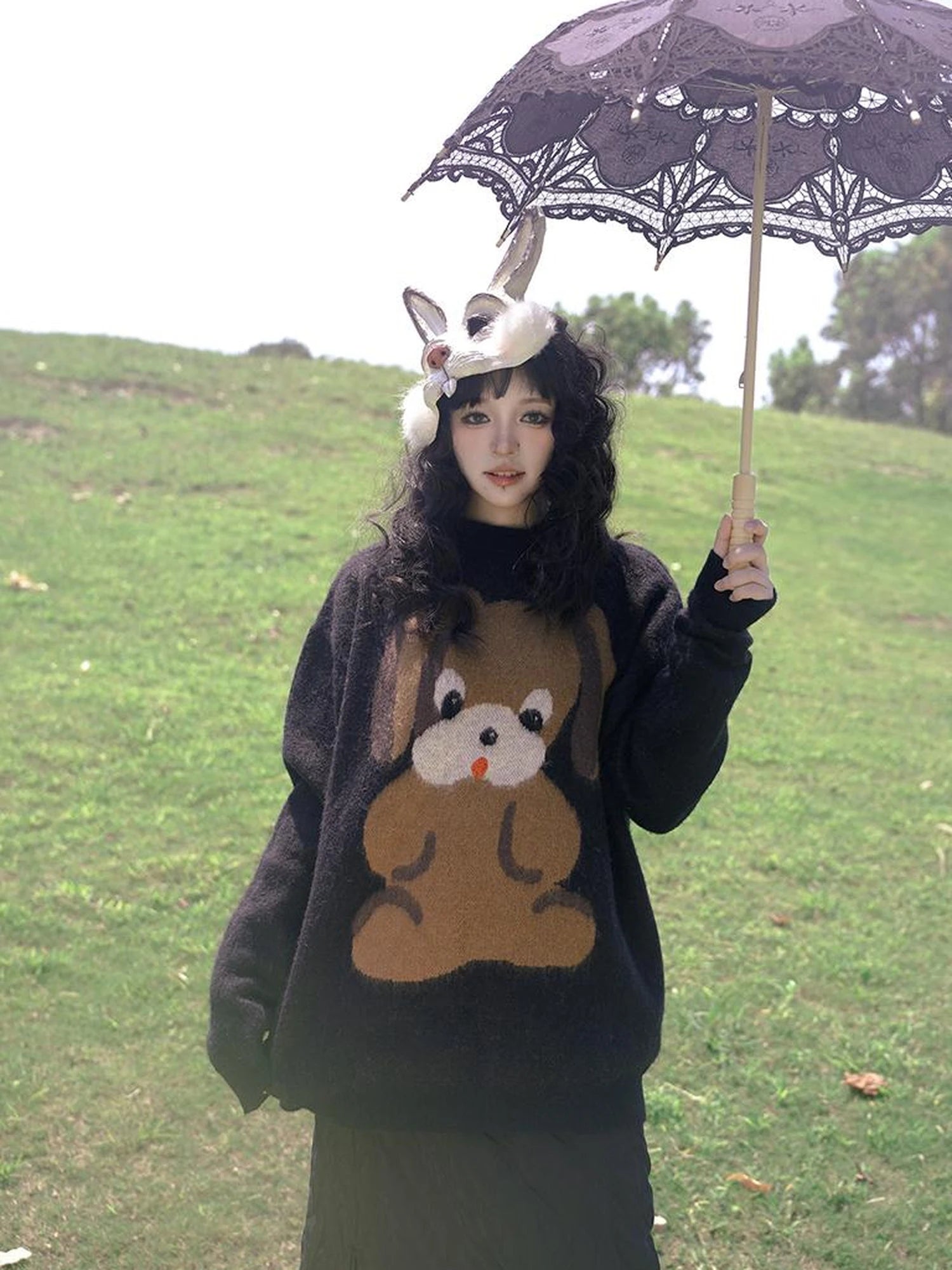 Cute Cartoon Dog Print Knitted Sweater V Neck T Shirt Long Sleeve