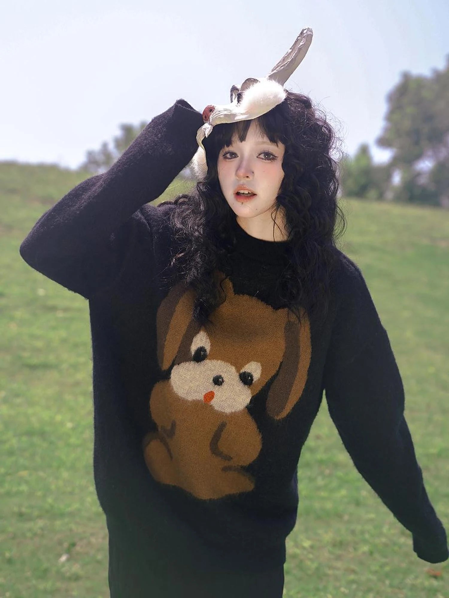 Cute Cartoon Dog Print Knitted Sweater V Neck T Shirt Long Sleeve