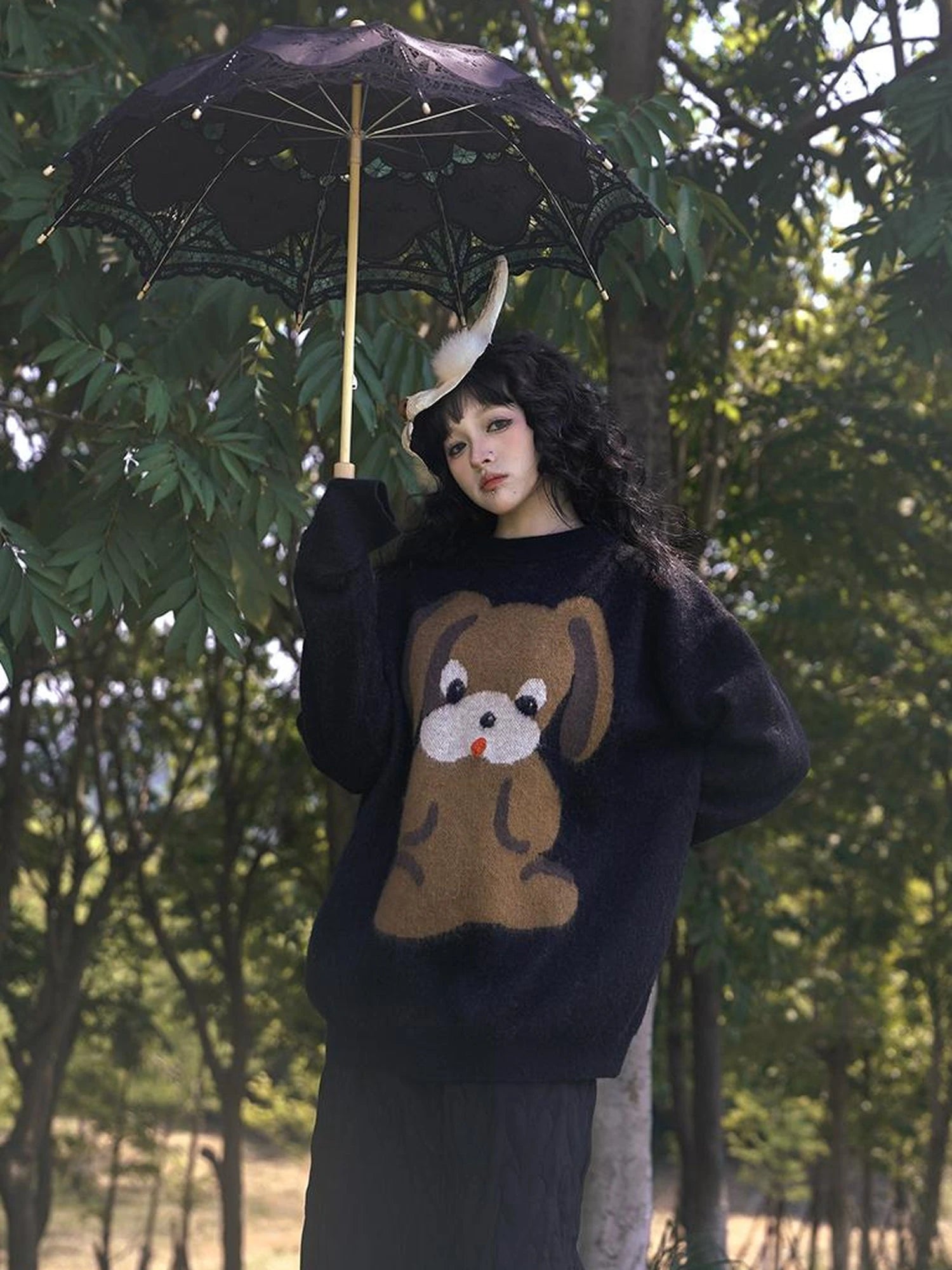 Cute Cartoon Dog Print Knitted Sweater V Neck T Shirt Long Sleeve