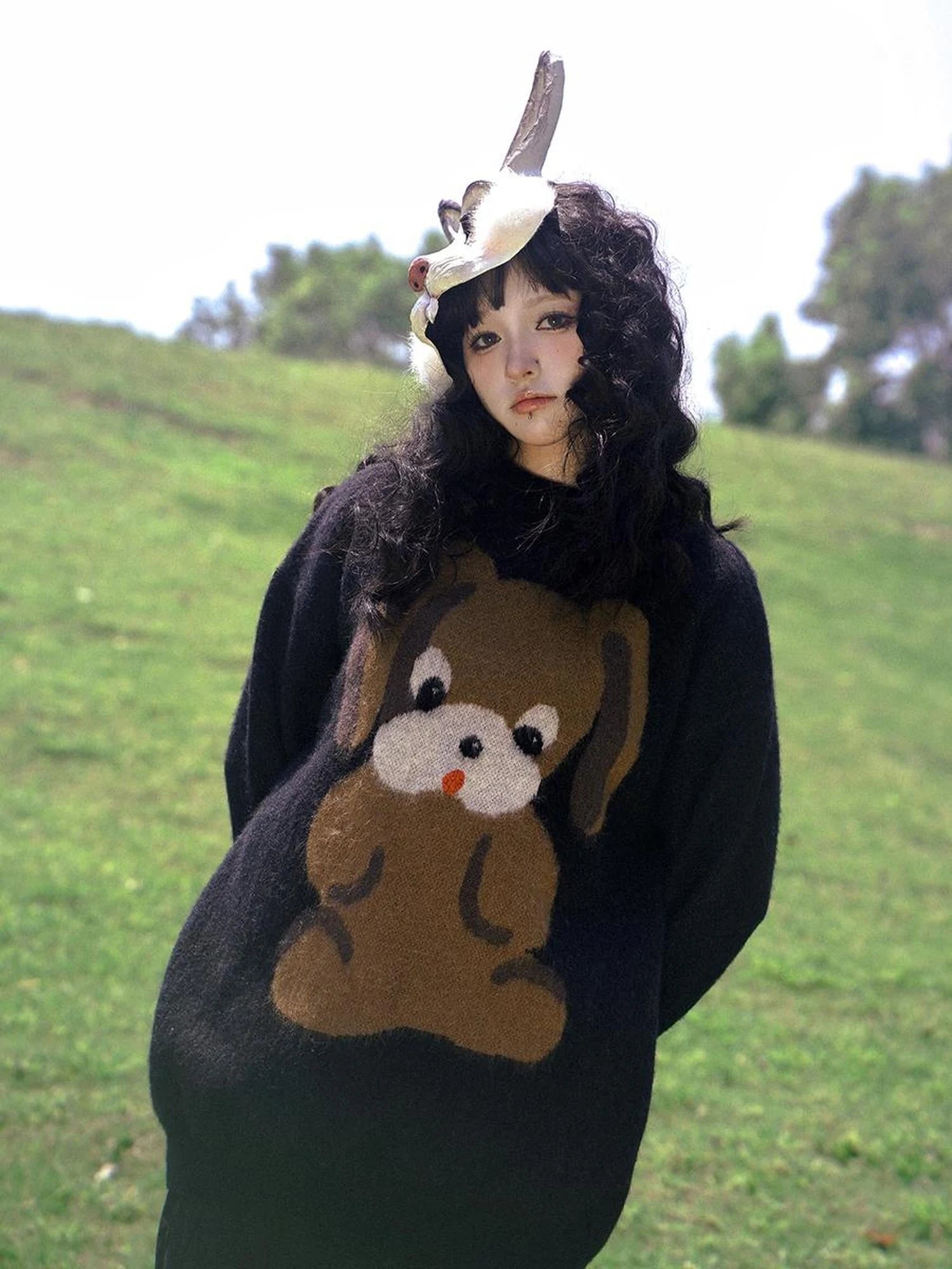 Cute Cartoon Dog Print Knitted Sweater V Neck T Shirt Long Sleeve