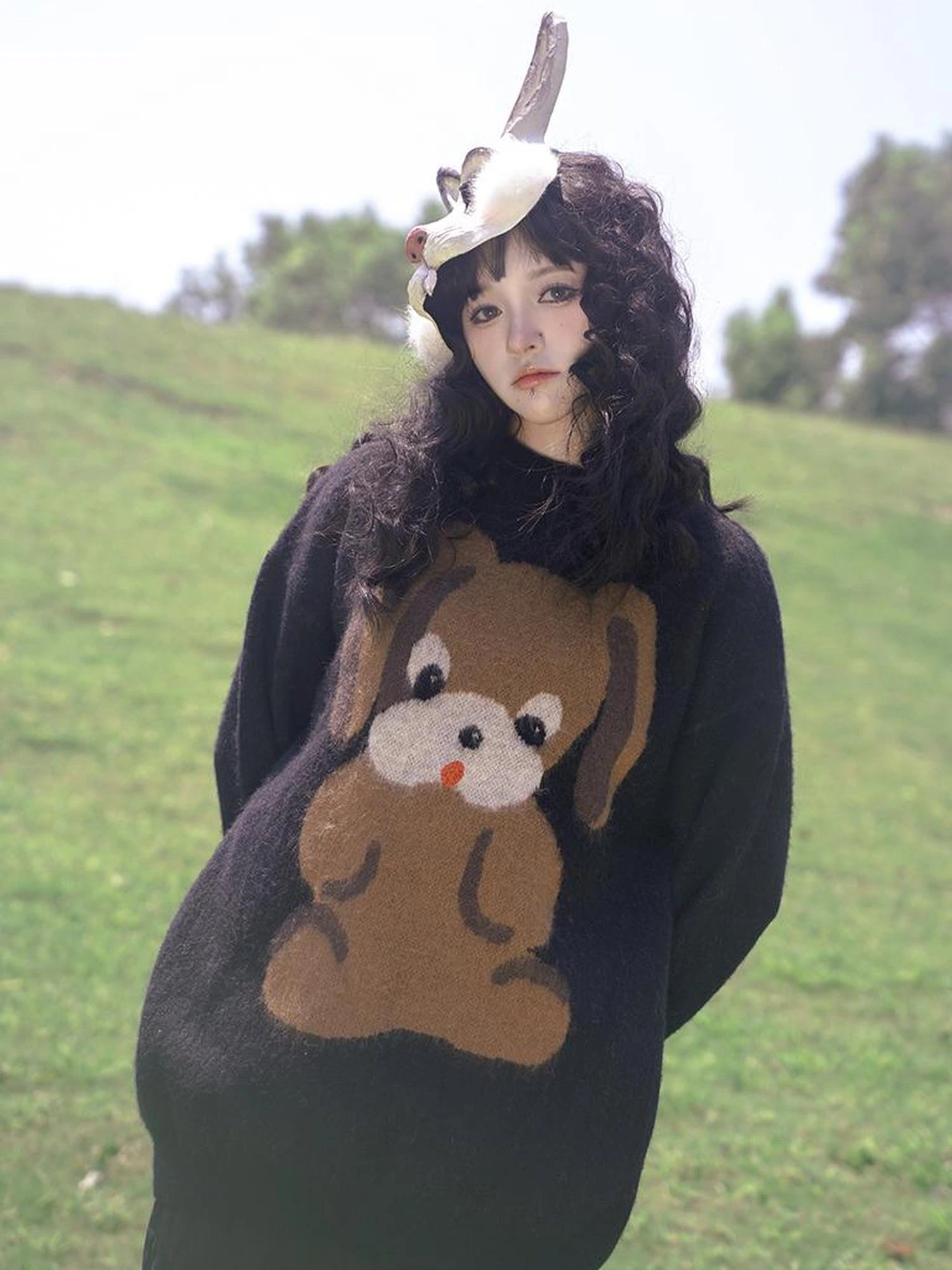 Cute Cartoon Dog Print Knitted Sweater V Neck T Shirt Long Sleeve