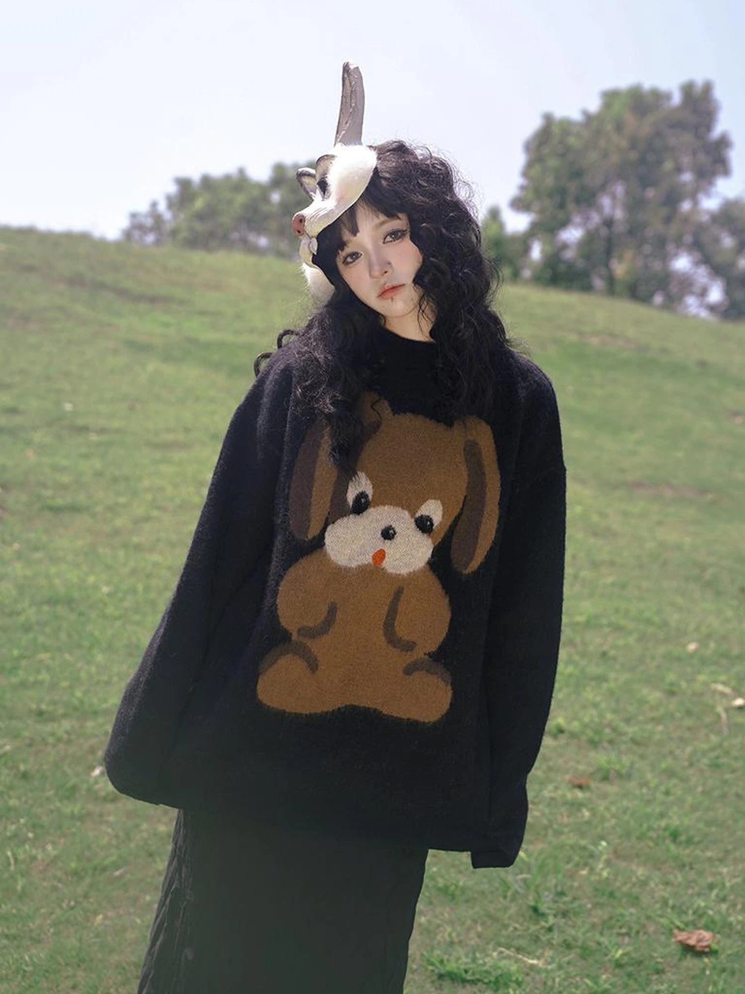 Cute Cartoon Dog Print Knitted Sweater V Neck T Shirt Long Sleeve