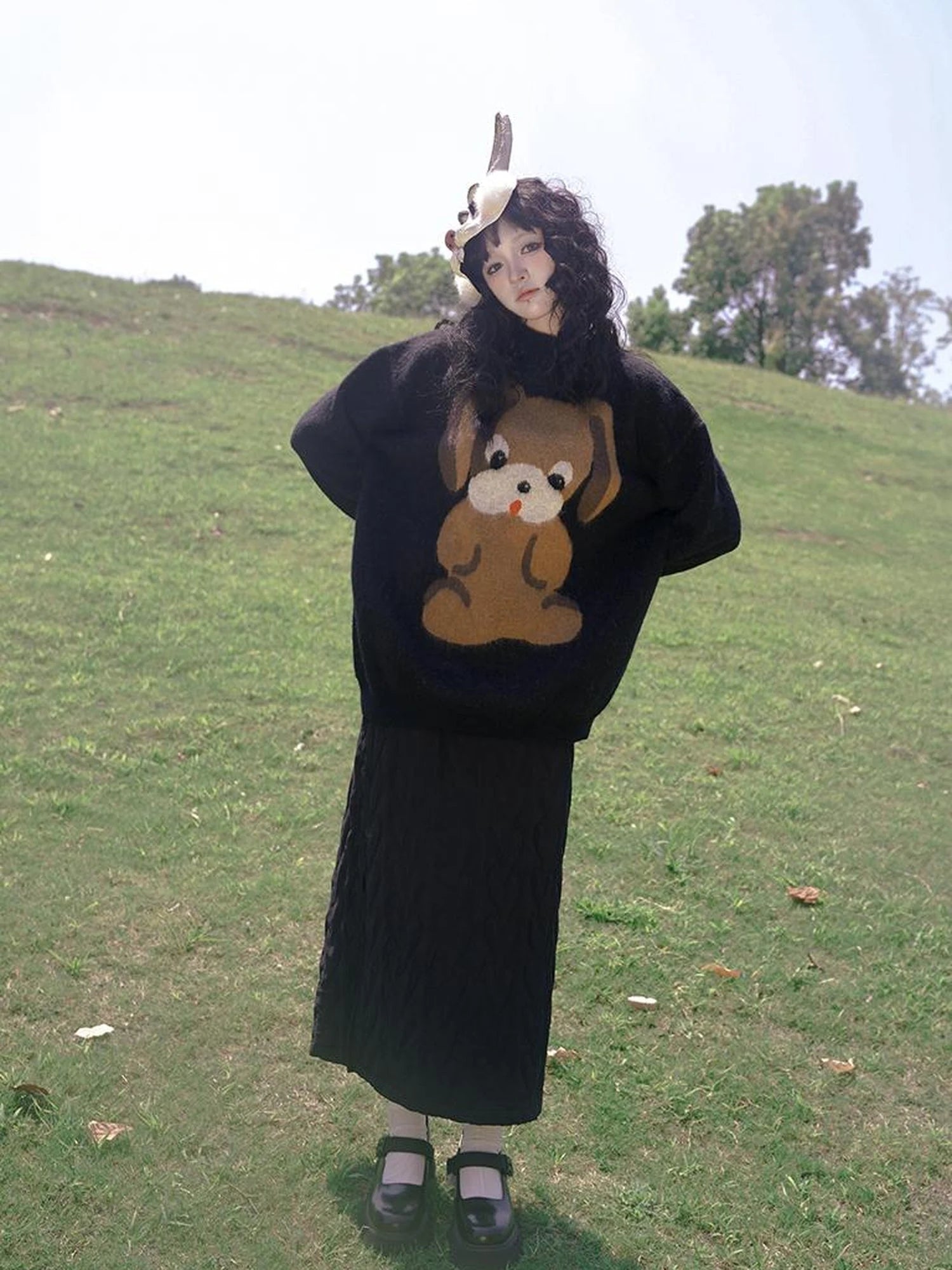 Cute Cartoon Dog Print Knitted Sweater V Neck T Shirt Long Sleeve