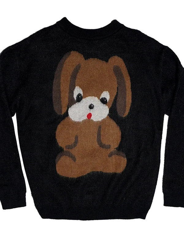 Cute Cartoon Dog Print Knitted Sweater V Neck T Shirt Long Sleeve