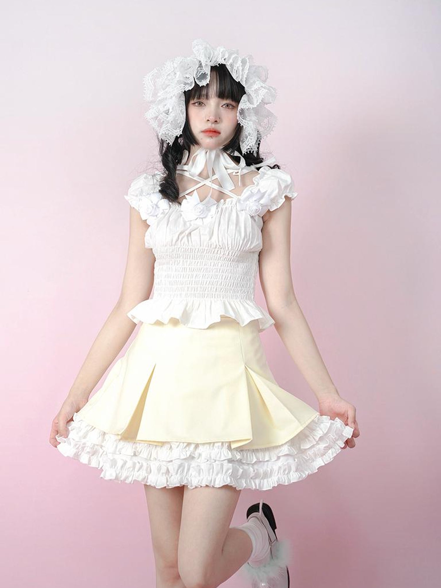 Daytoday Cute Solid Color All Match Pleated Skirt with Contrast Lace