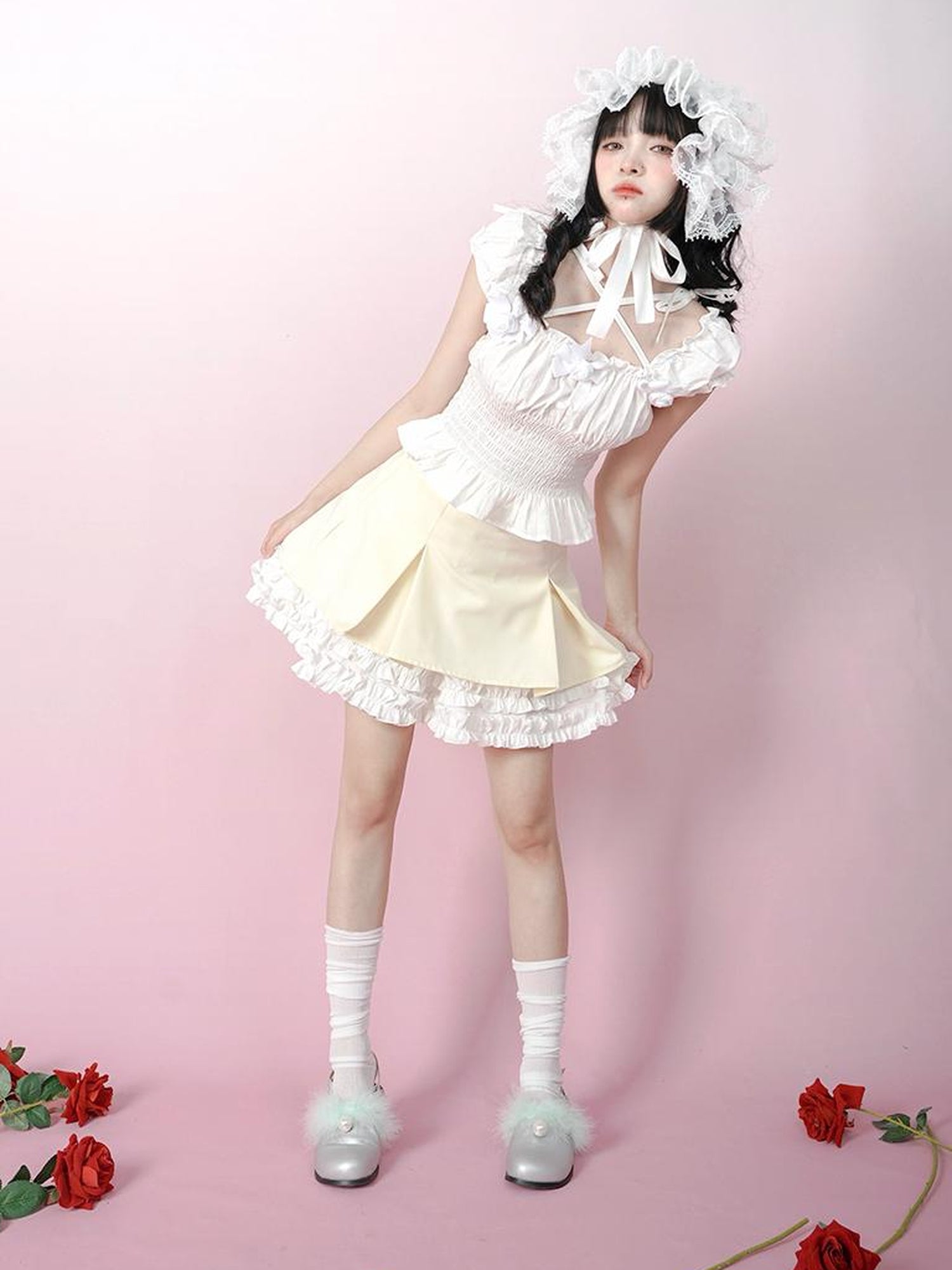 Daytoday Cute Solid Color All Match Pleated Skirt with Contrast Lace