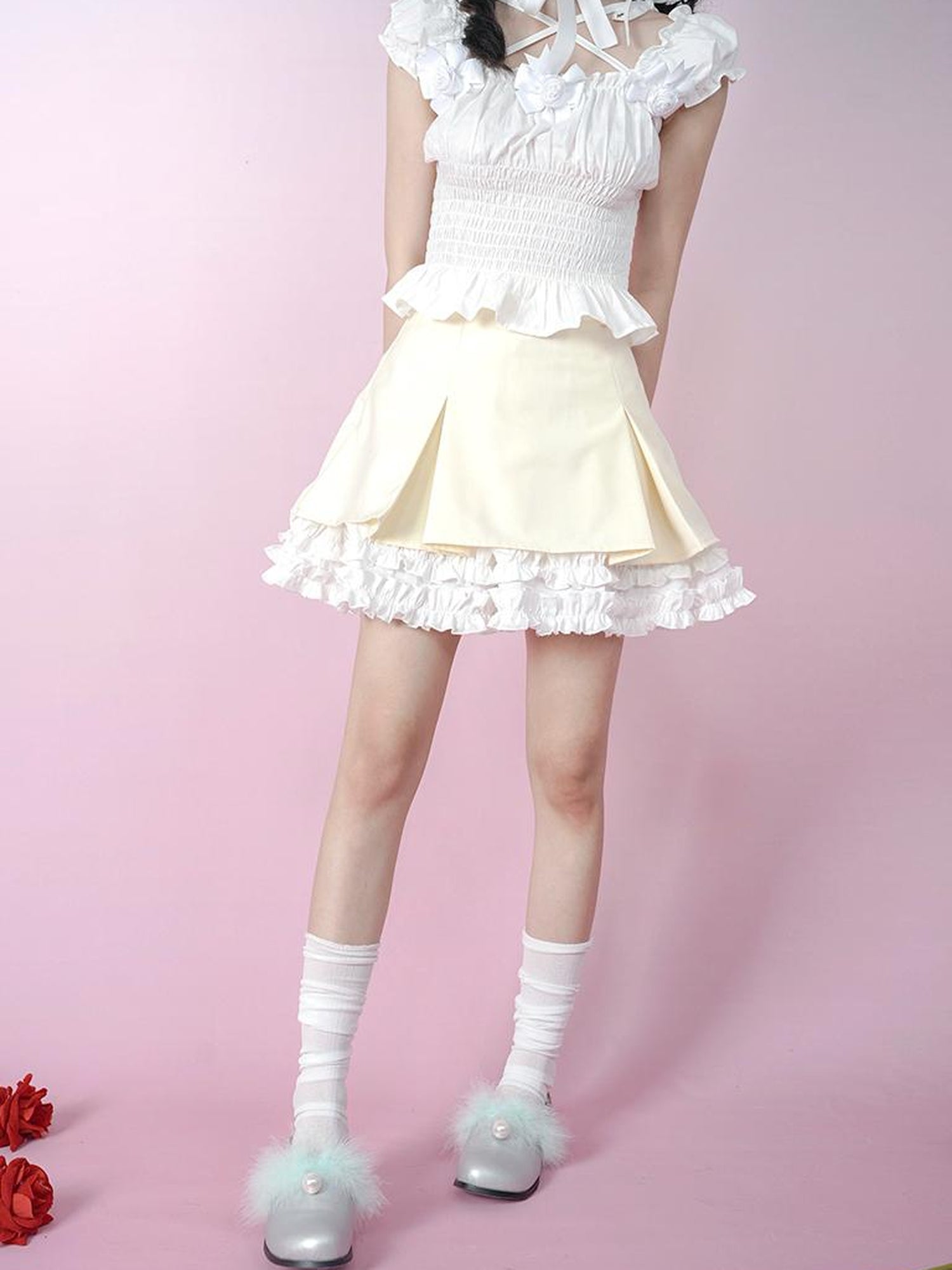 Daytoday Cute Solid Color All Match Pleated Skirt with Contrast Lace