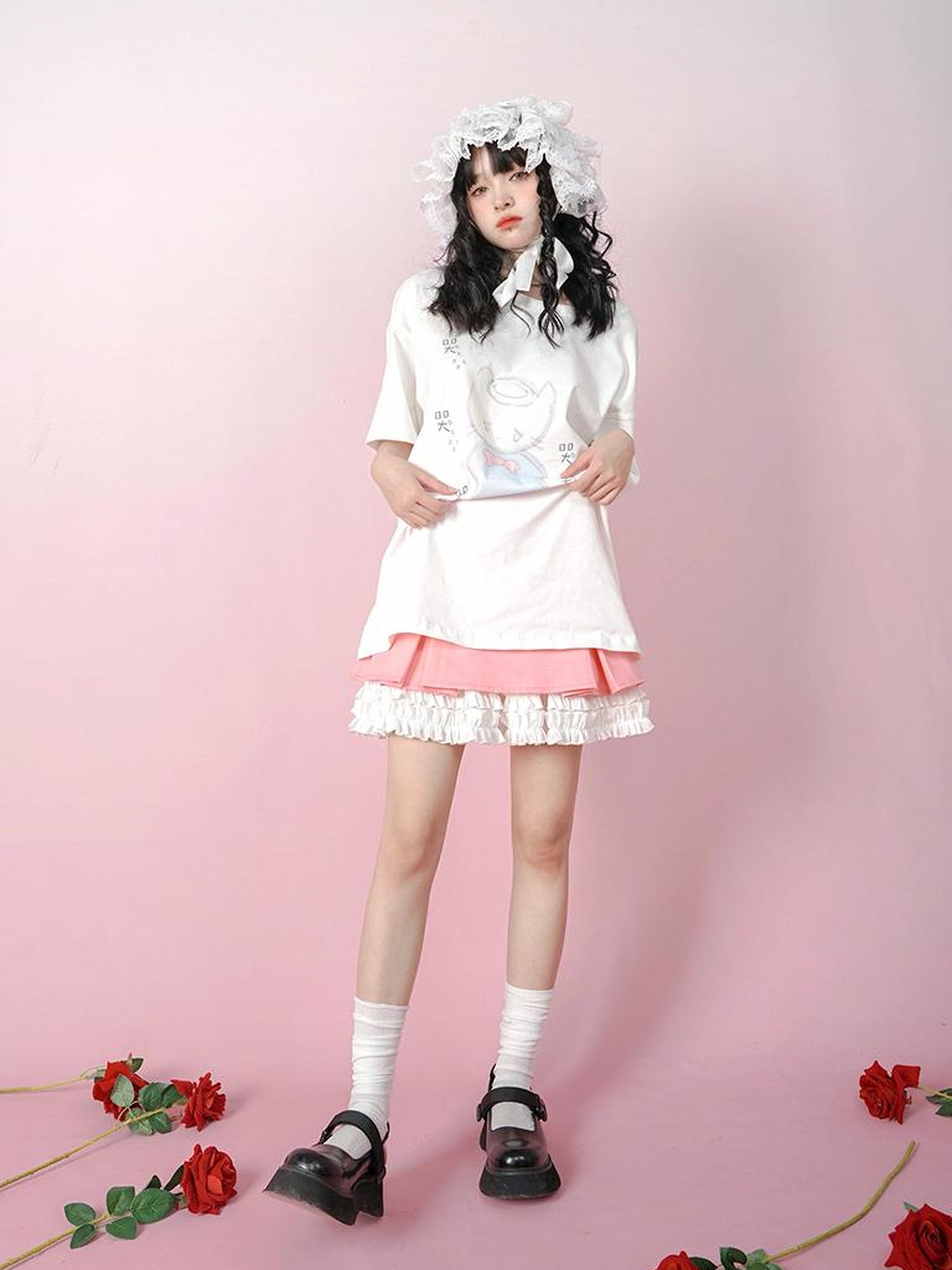 Daytoday Cute Solid Color All Match Pleated Skirt with Contrast Lace