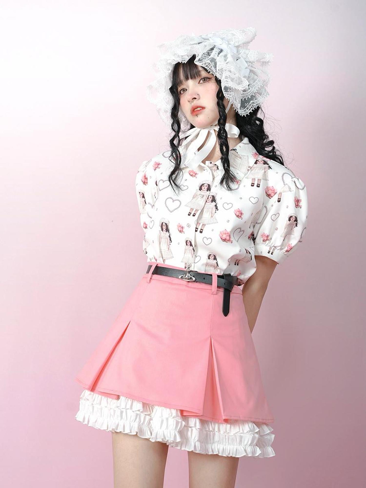 Daytoday Cute Solid Color All Match Pleated Skirt with Contrast Lace