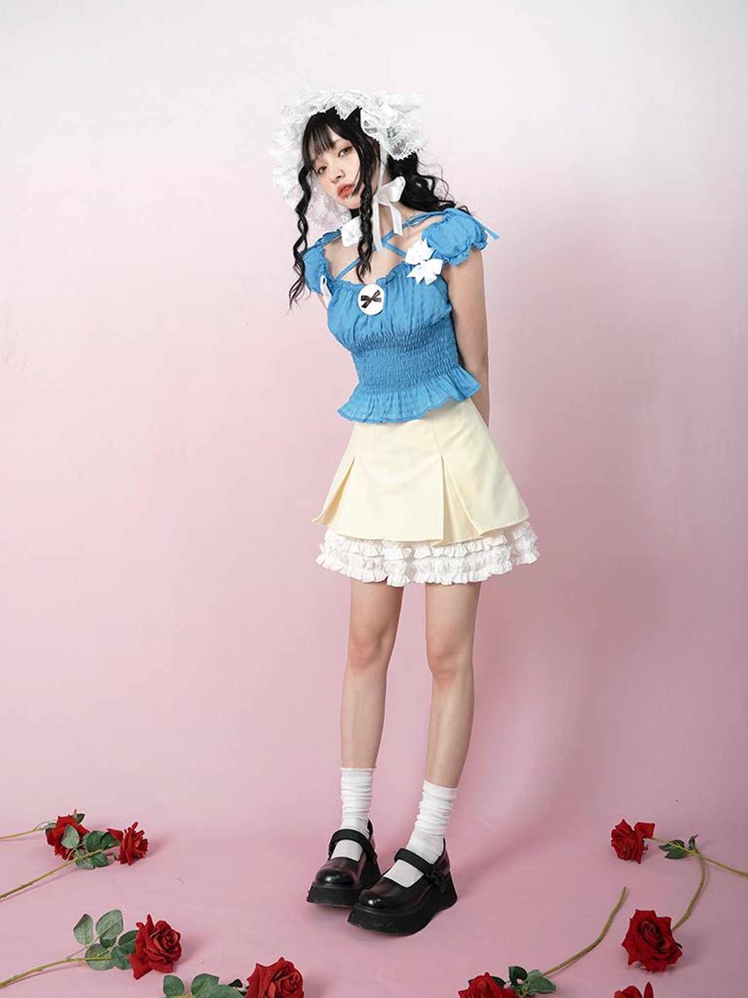 Daytoday Cute Solid Color All Match Pleated Skirt with Contrast Lace