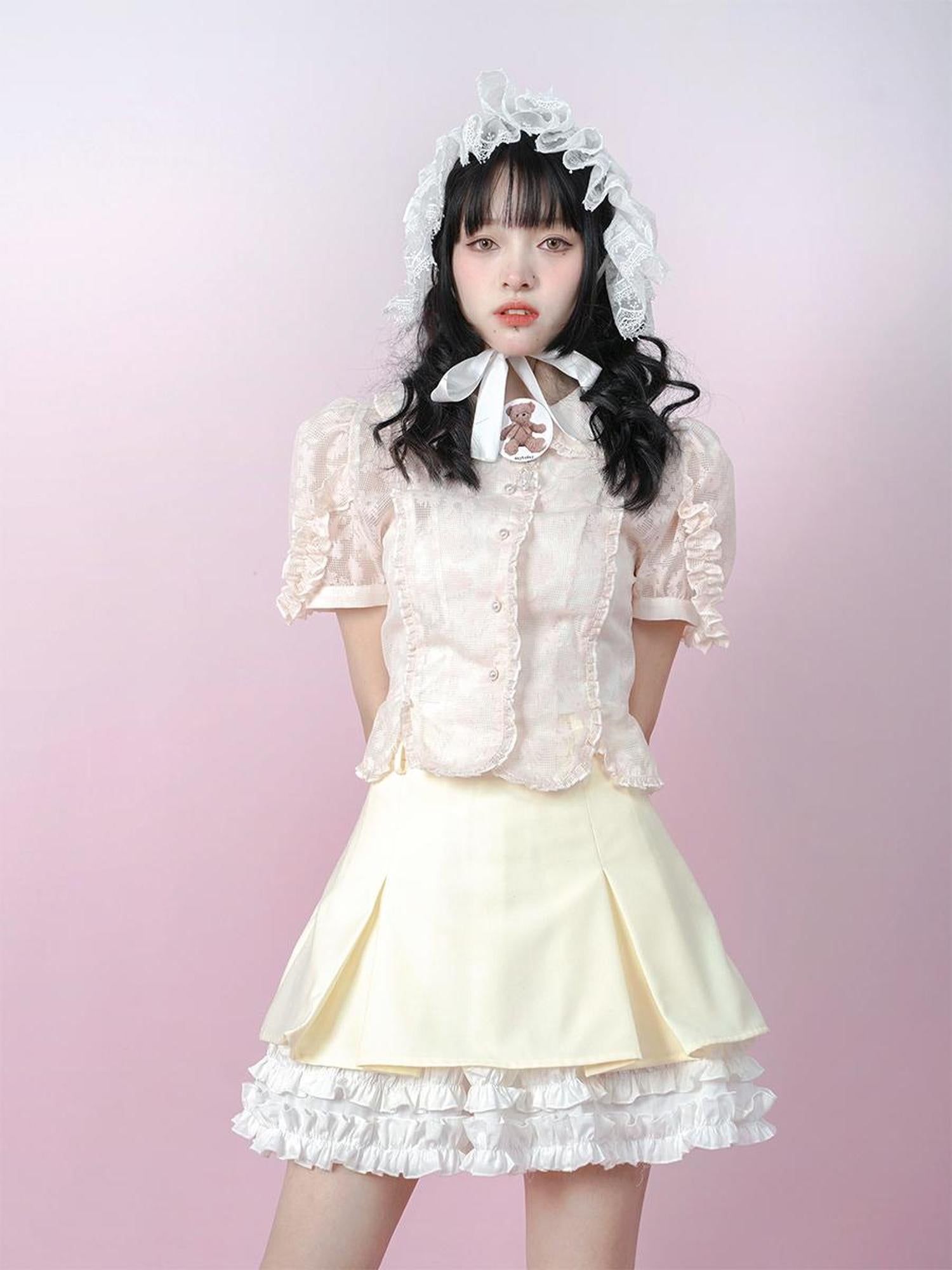 Daytoday Cute Solid Color All Match Pleated Skirt with Contrast Lace