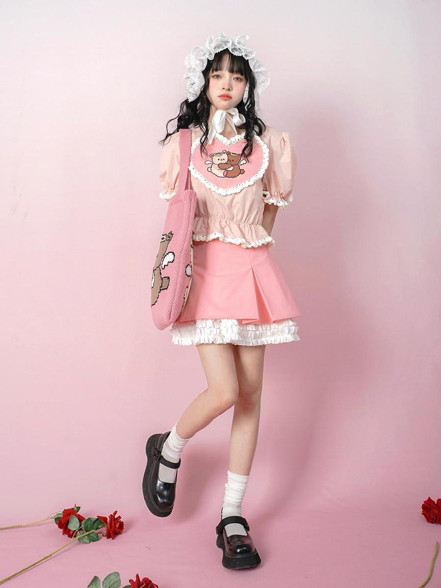 Daytoday Cute Solid Color All Match Pleated Skirt with Contrast Lace