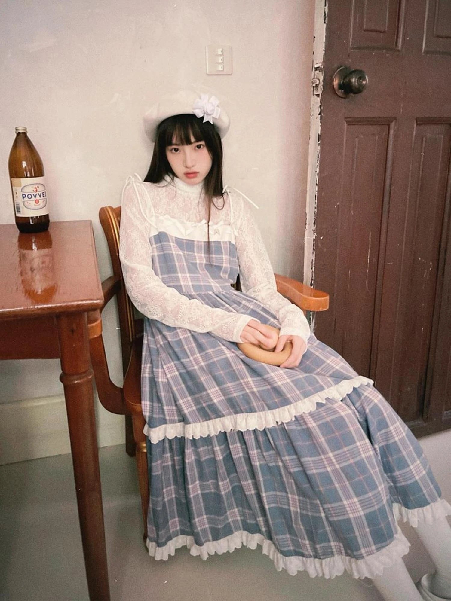 Day To Day Angel Heart Bow Checkered Lace Trim Maxi Dress