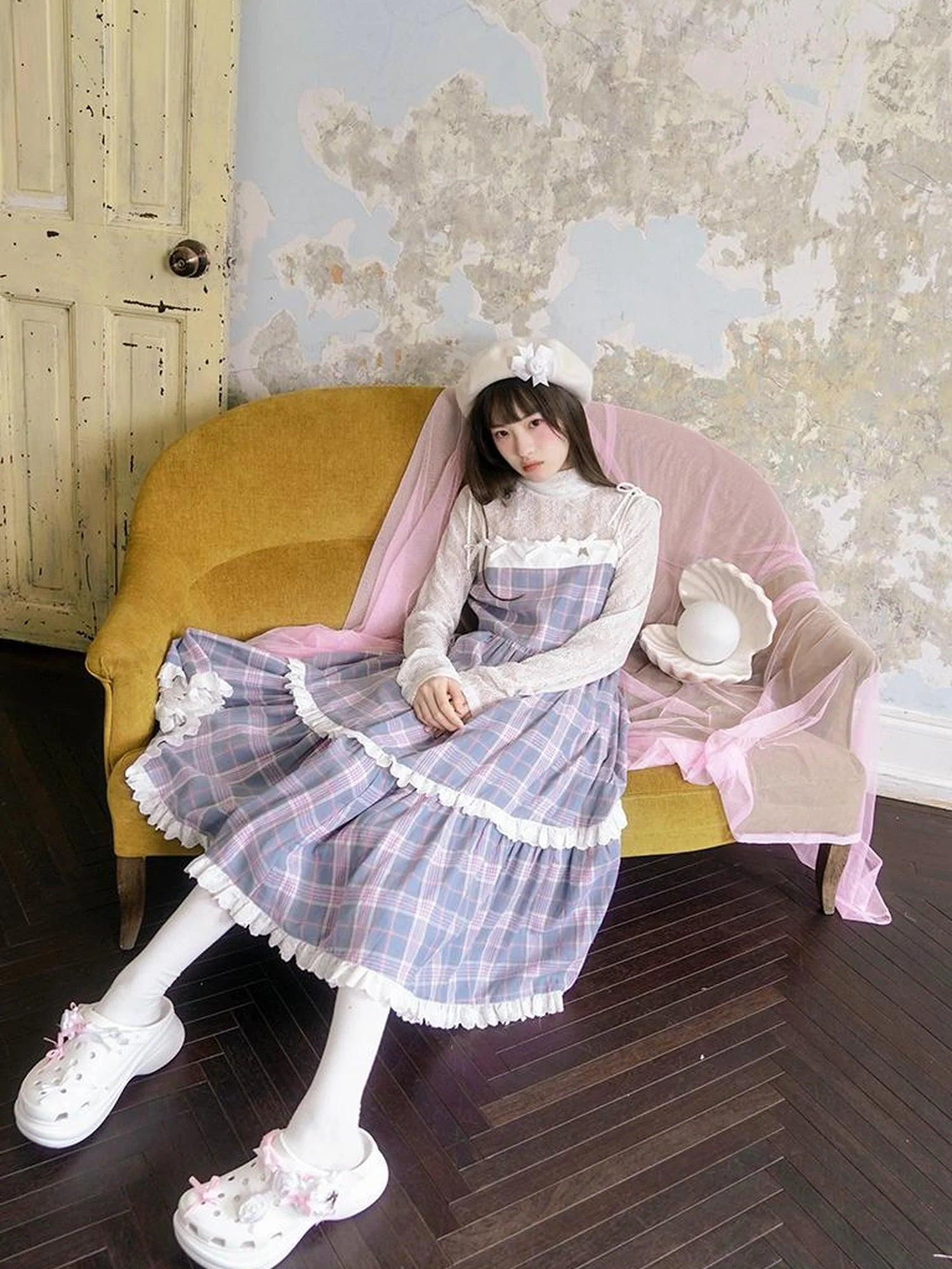 Day To Day Angel Heart Bow Checkered Lace Trim Maxi Dress