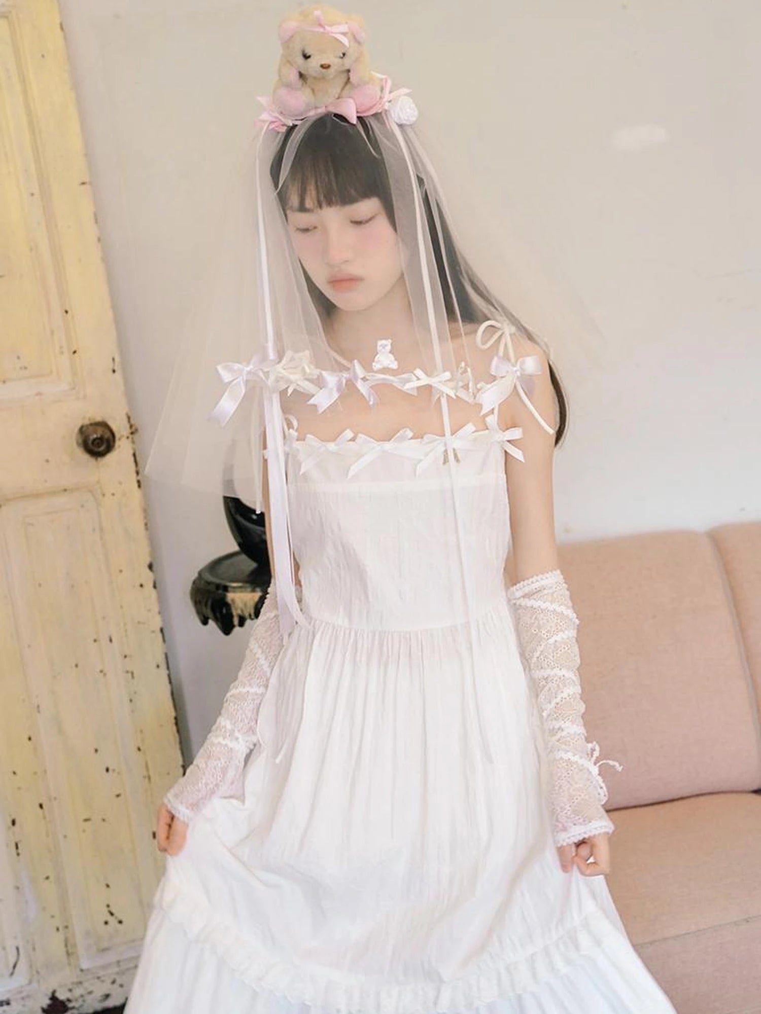 Day To Day Angel Heart Bow Checkered Lace Trim Maxi Dress