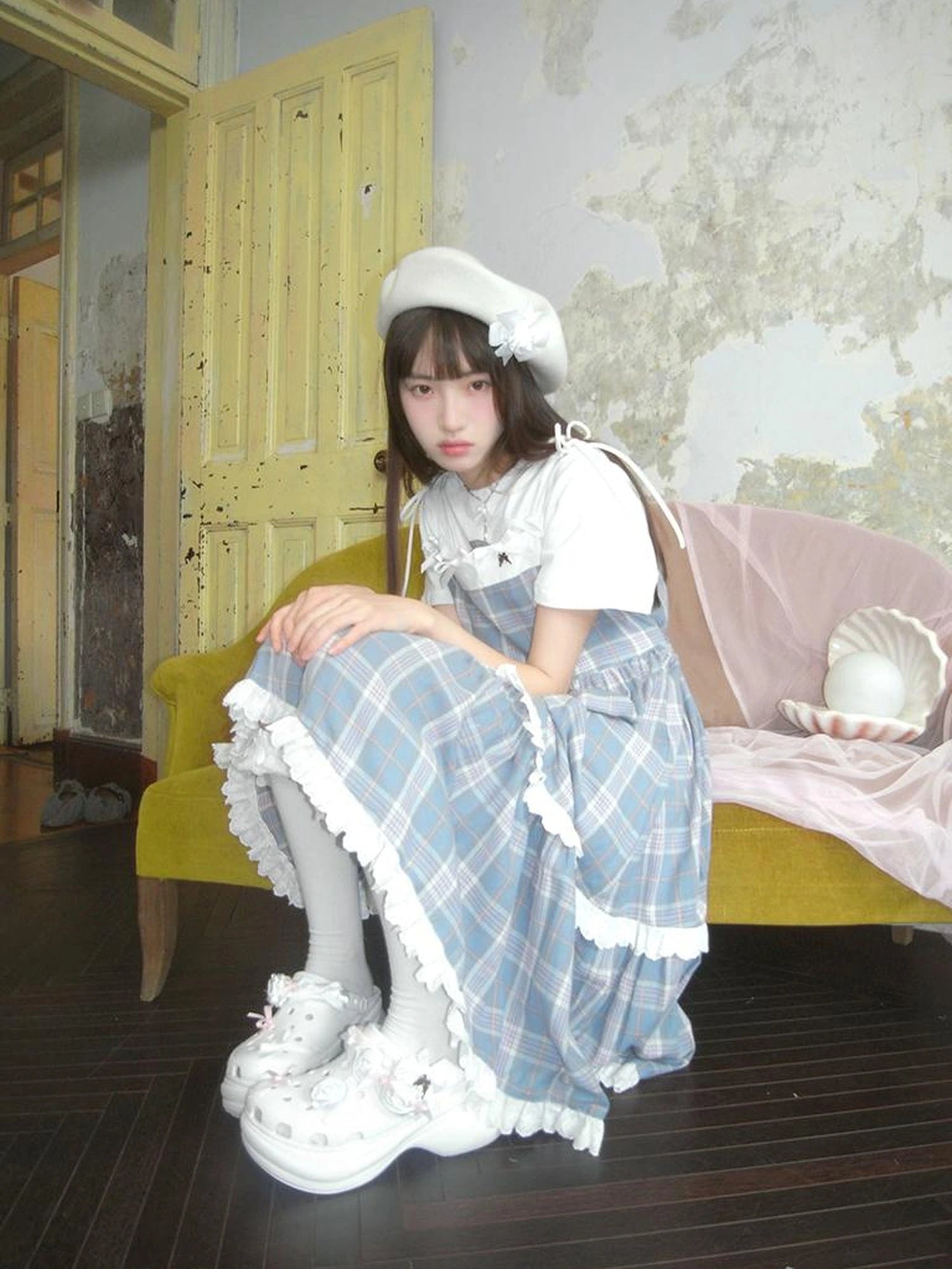 Day To Day Angel Heart Bow Checkered Lace Trim Maxi Dress