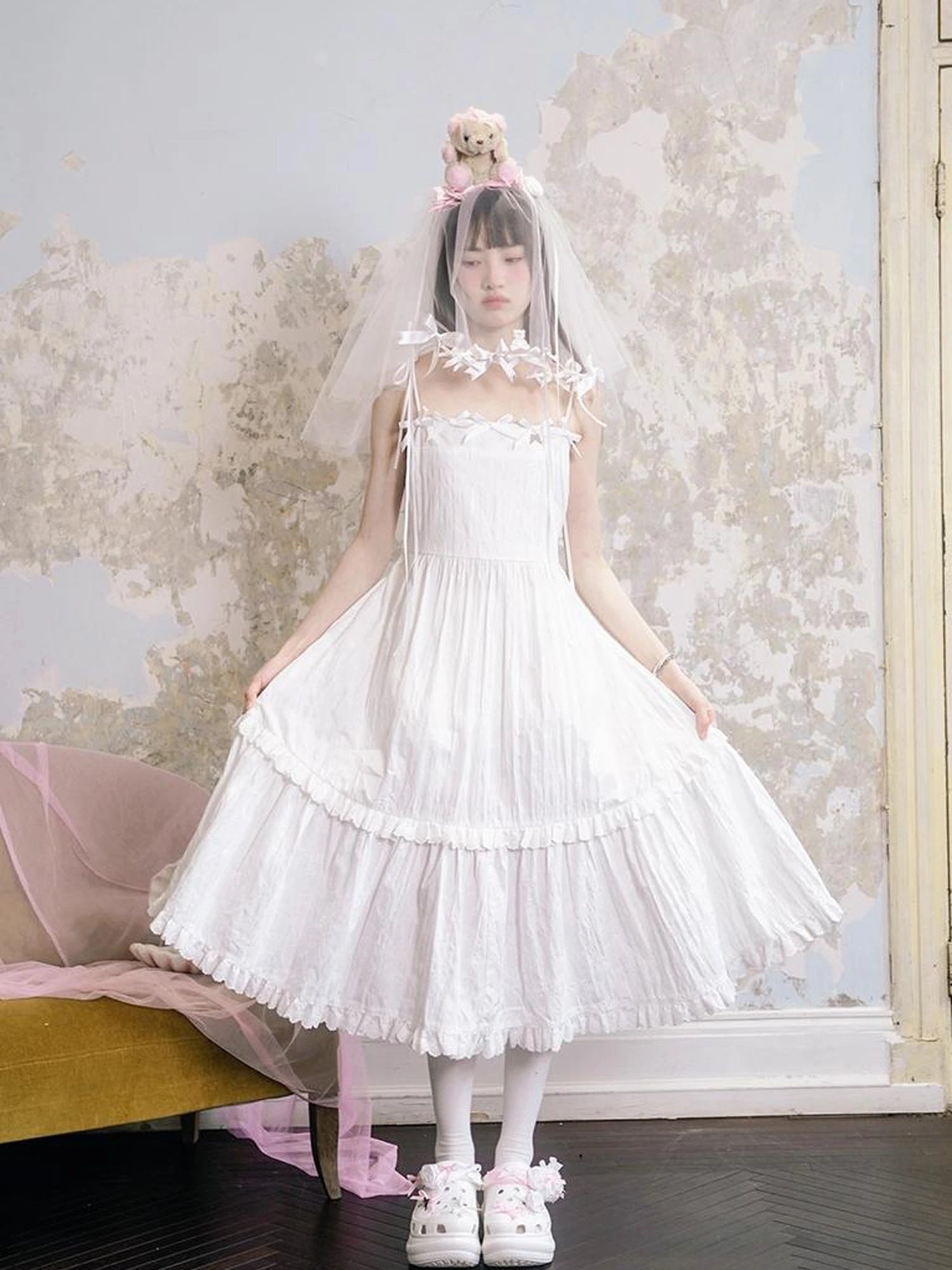 Day To Day Angel Heart Bow Checkered Lace Trim Maxi Dress