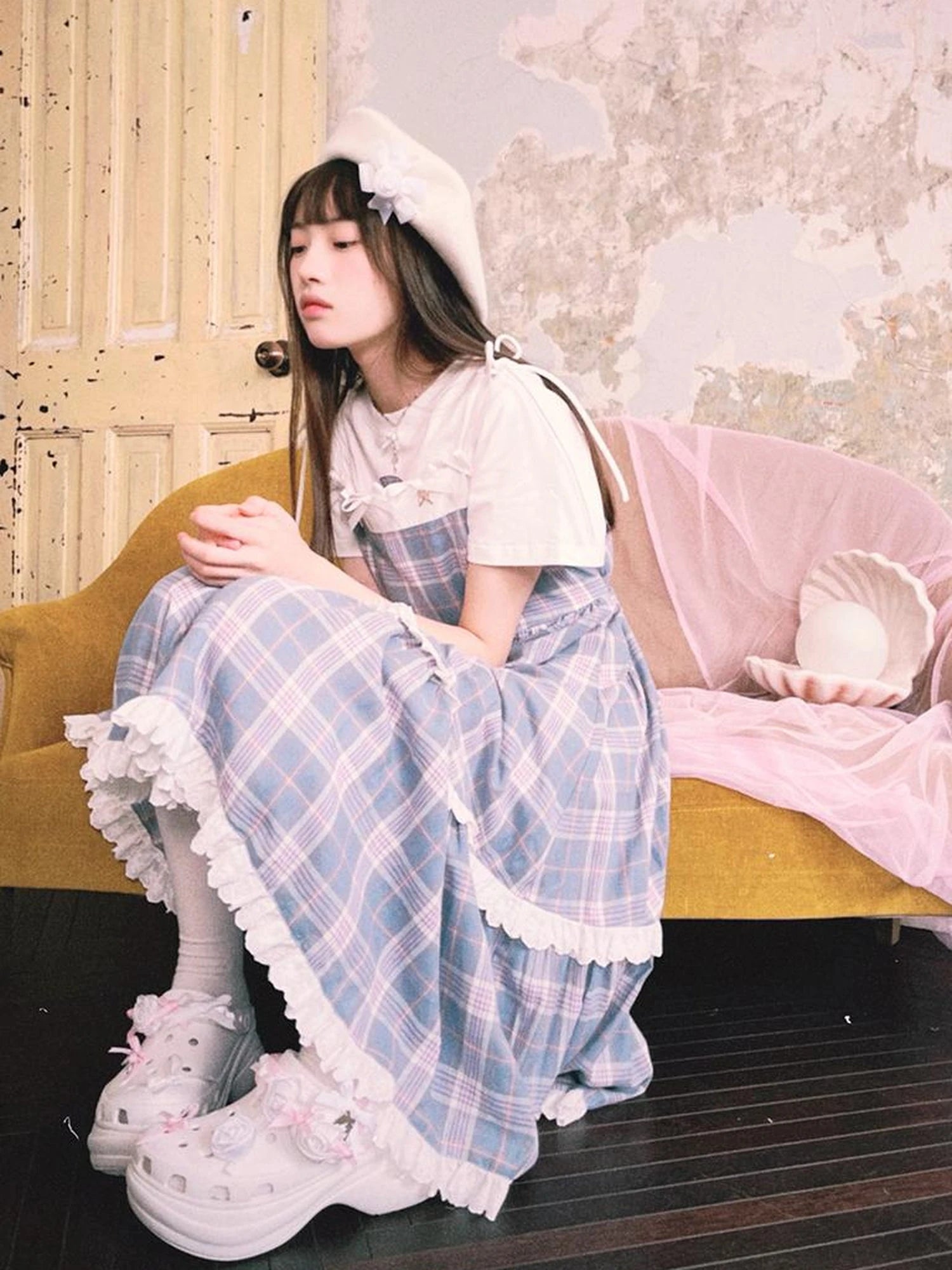 Day To Day Angel Heart Bow Checkered Lace Trim Maxi Dress