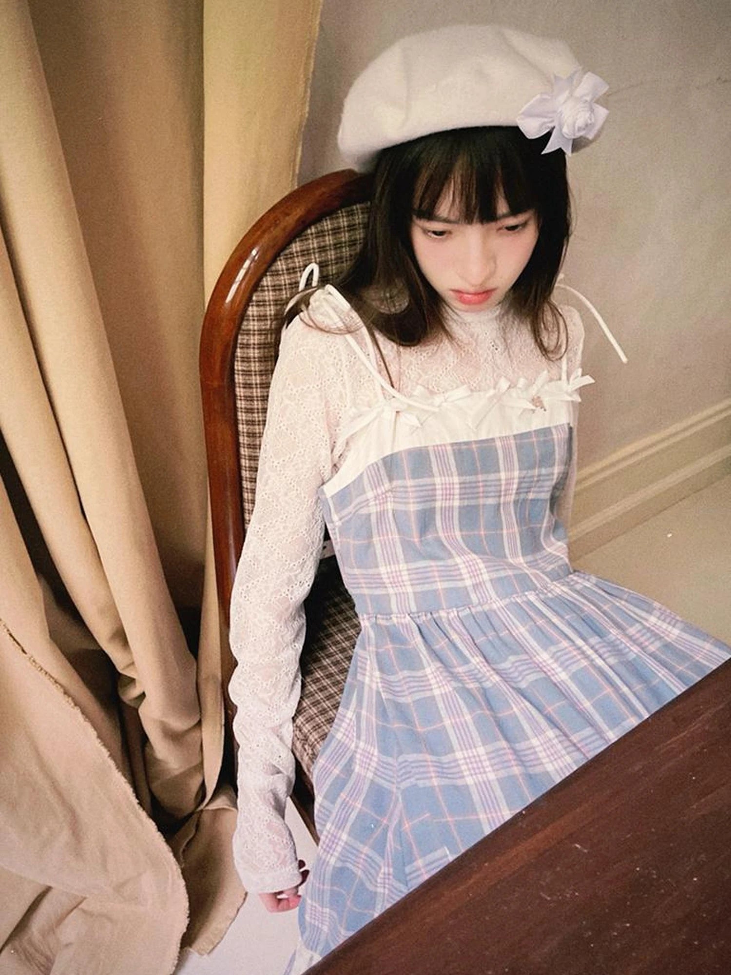 Day To Day Angel Heart Bow Checkered Lace Trim Maxi Dress