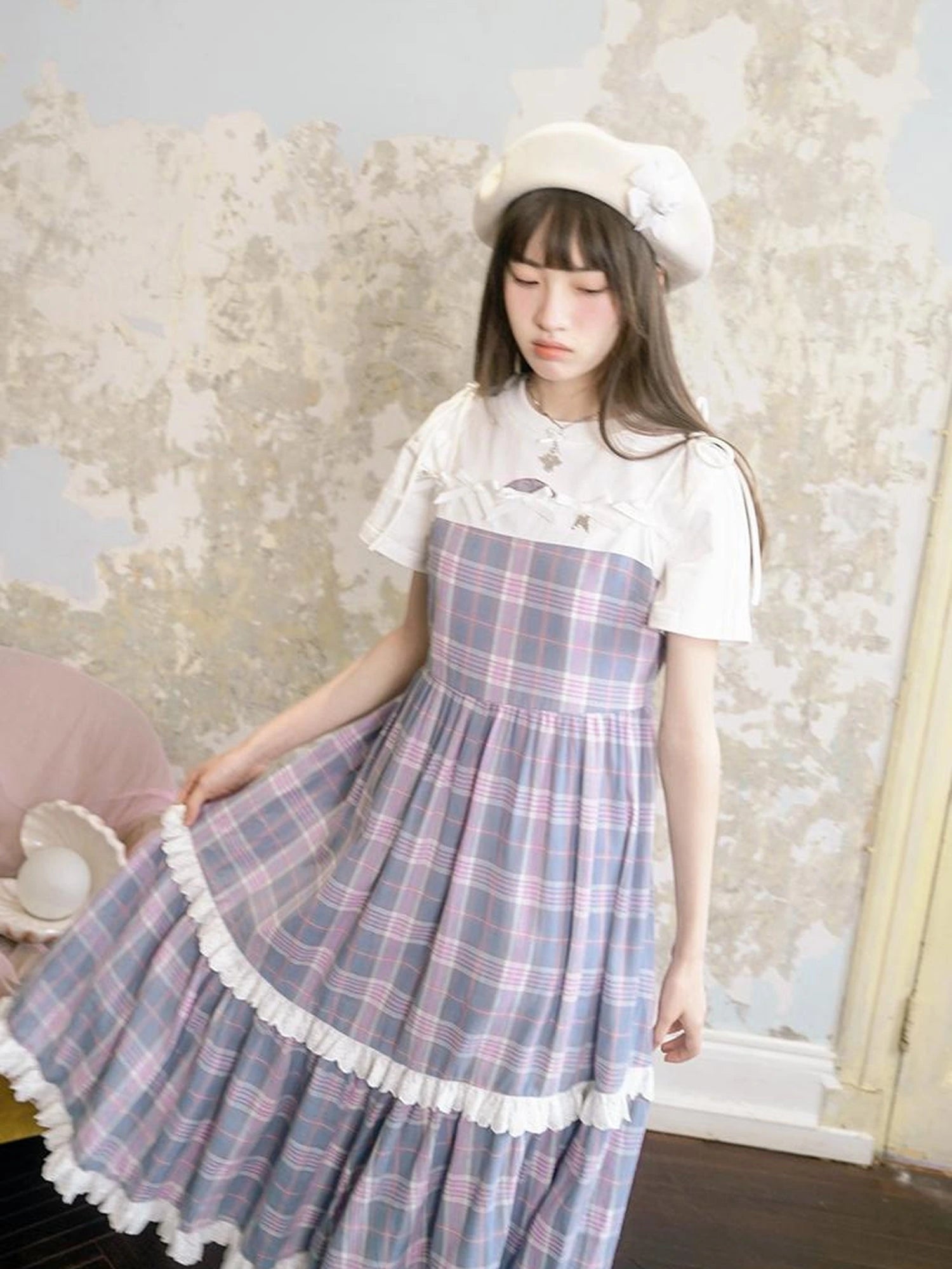 Day To Day Angel Heart Bow Checkered Lace Trim Maxi Dress