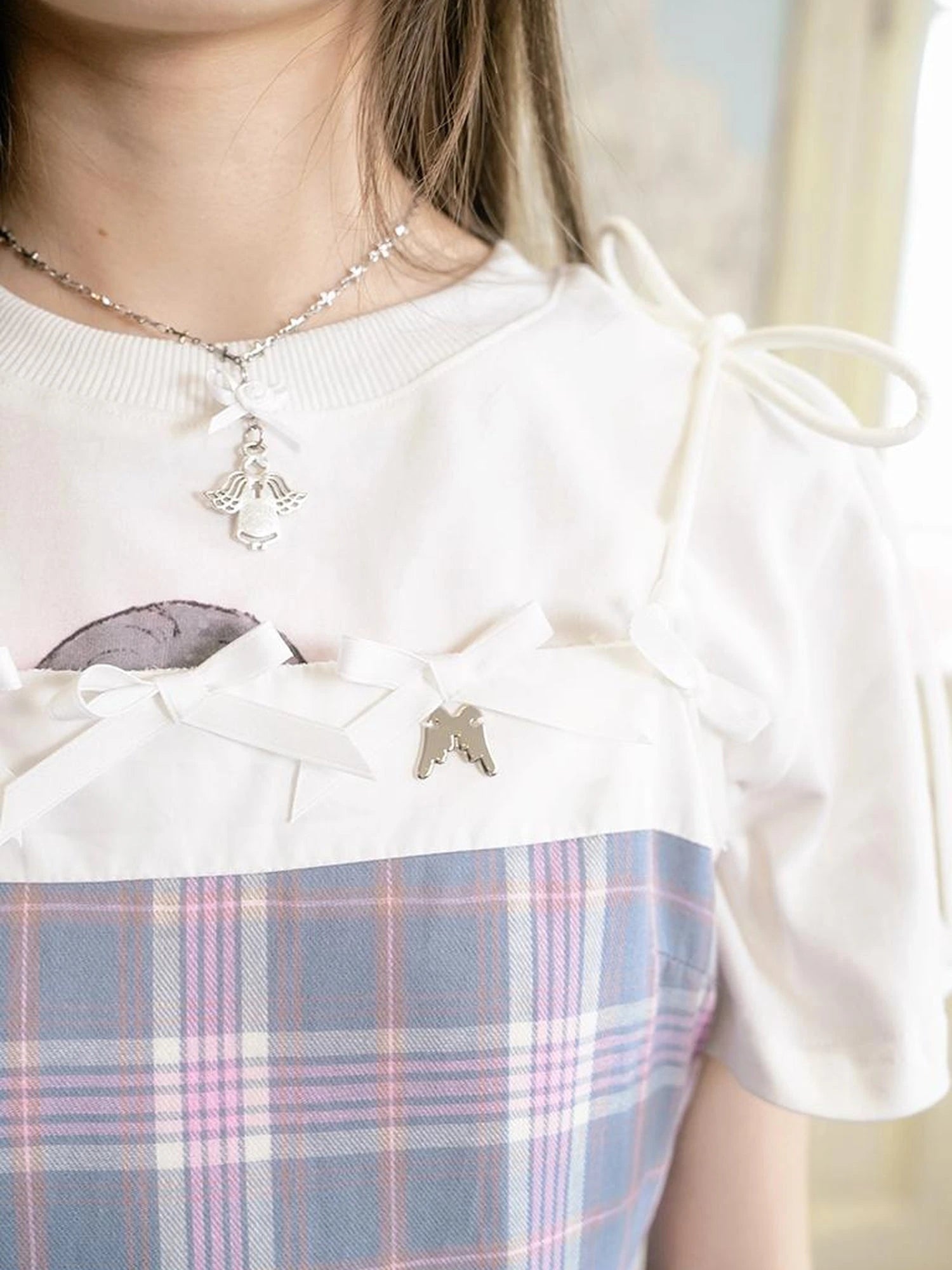 Day To Day Angel Heart Bow Checkered Lace Trim Maxi Dress