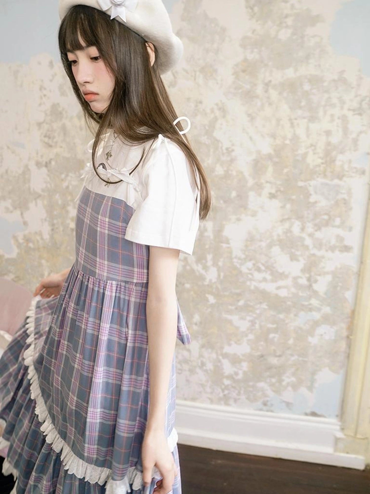 Day To Day Angel Heart Bow Checkered Lace Trim Maxi Dress