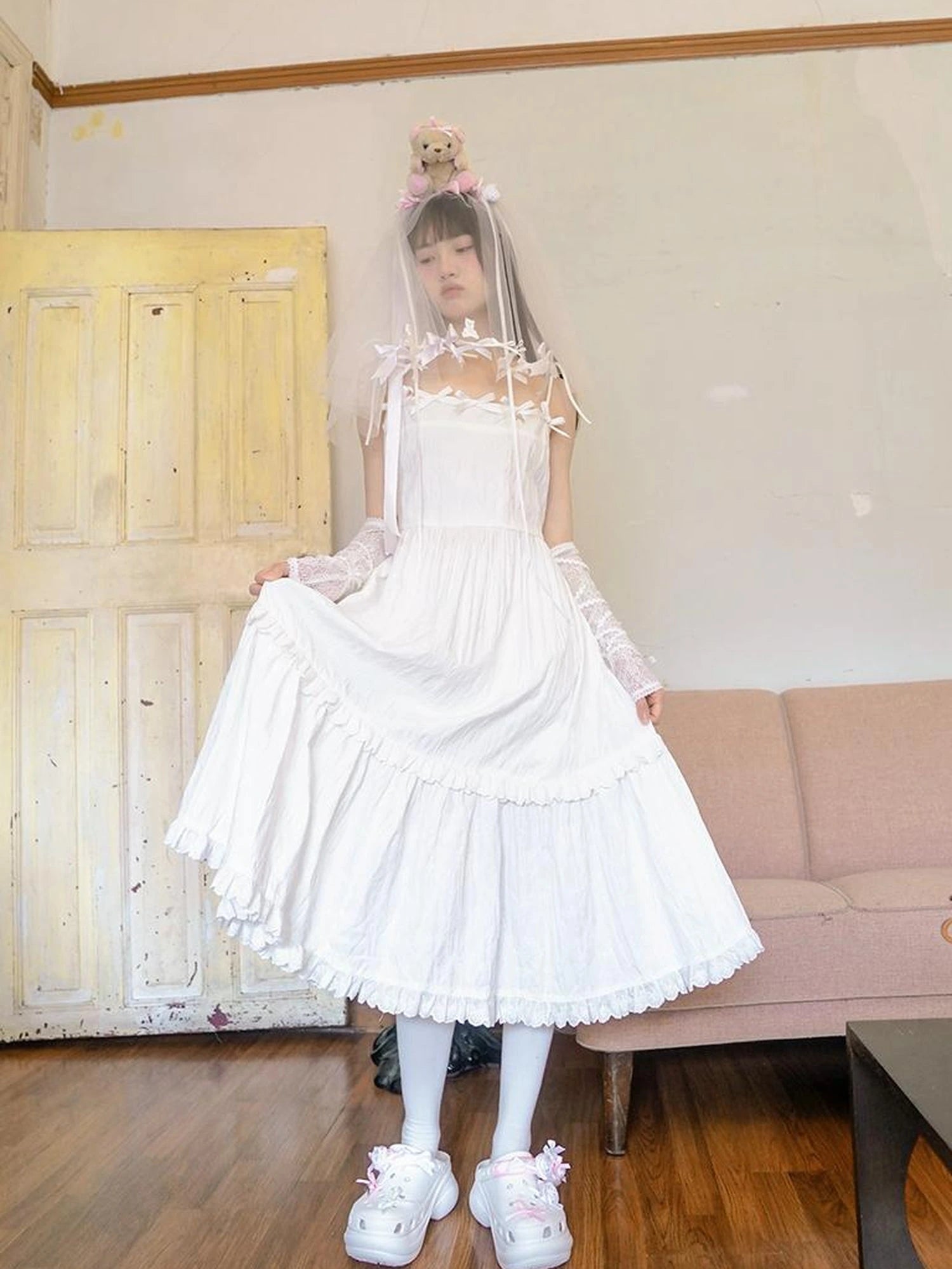 Day To Day Angel Heart Bow Checkered Lace Trim Maxi Dress