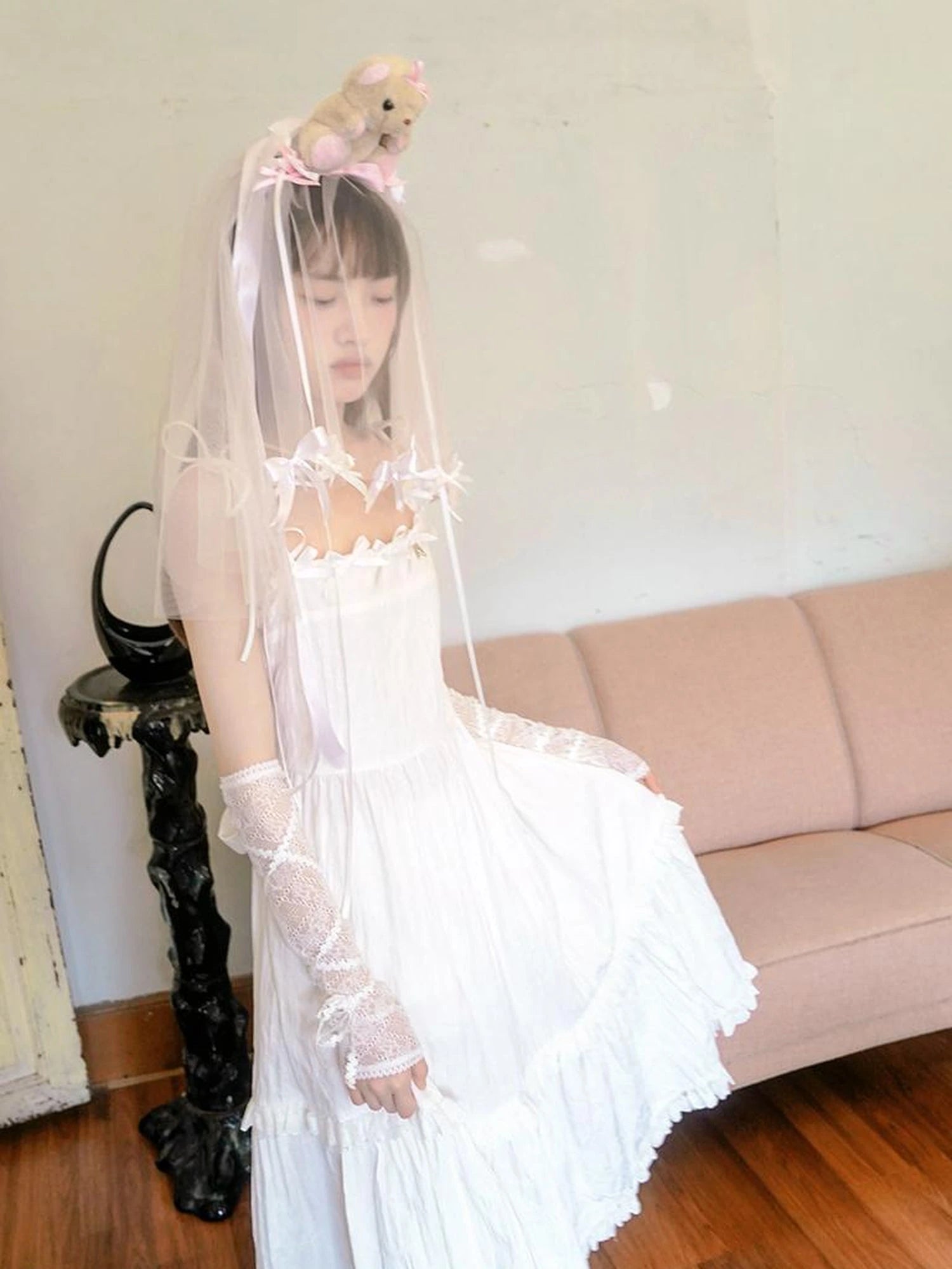 Day To Day Angel Heart Bow Checkered Lace Trim Maxi Dress