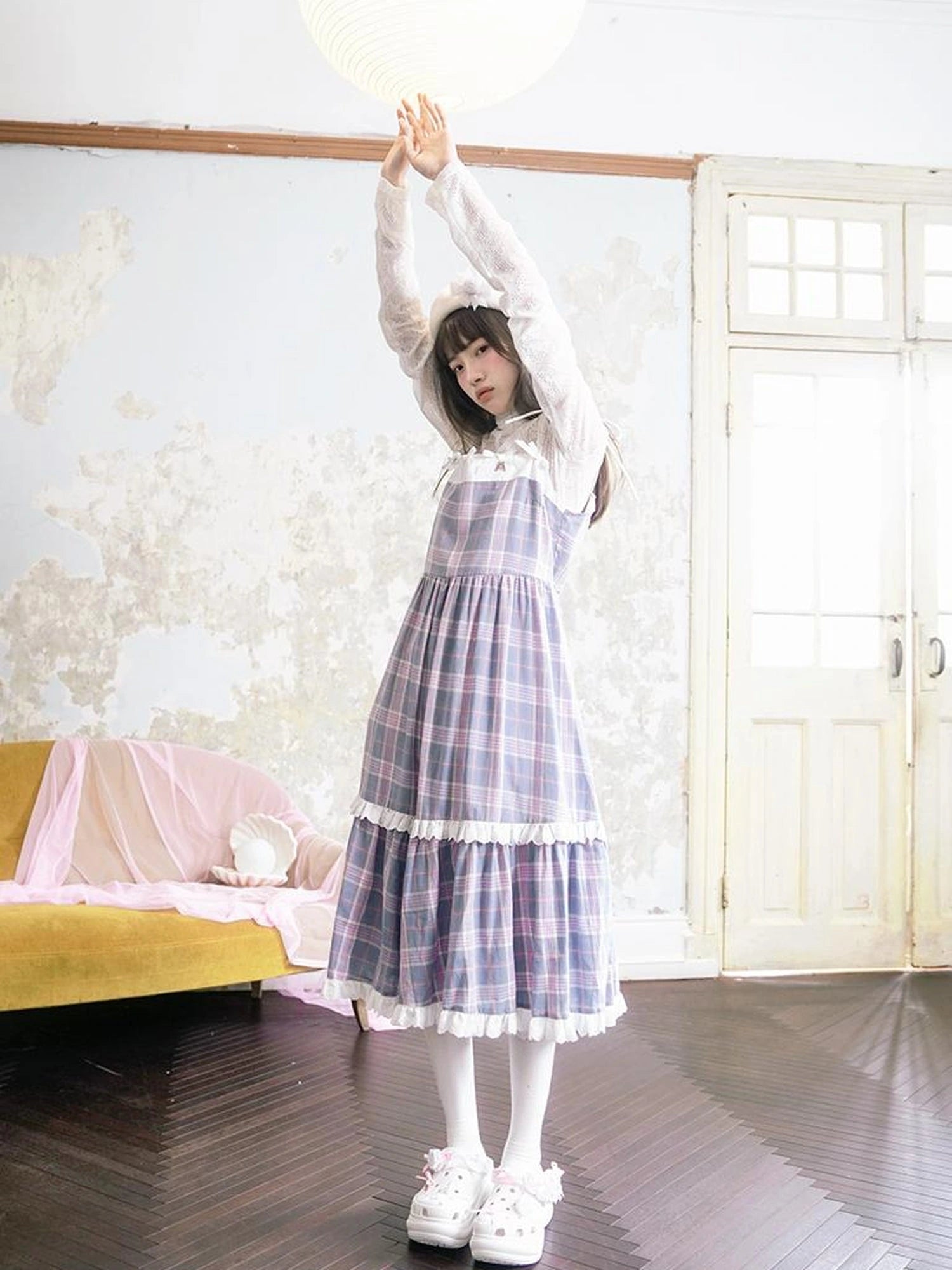 Day To Day Angel Heart Bow Checkered Lace Trim Maxi Dress