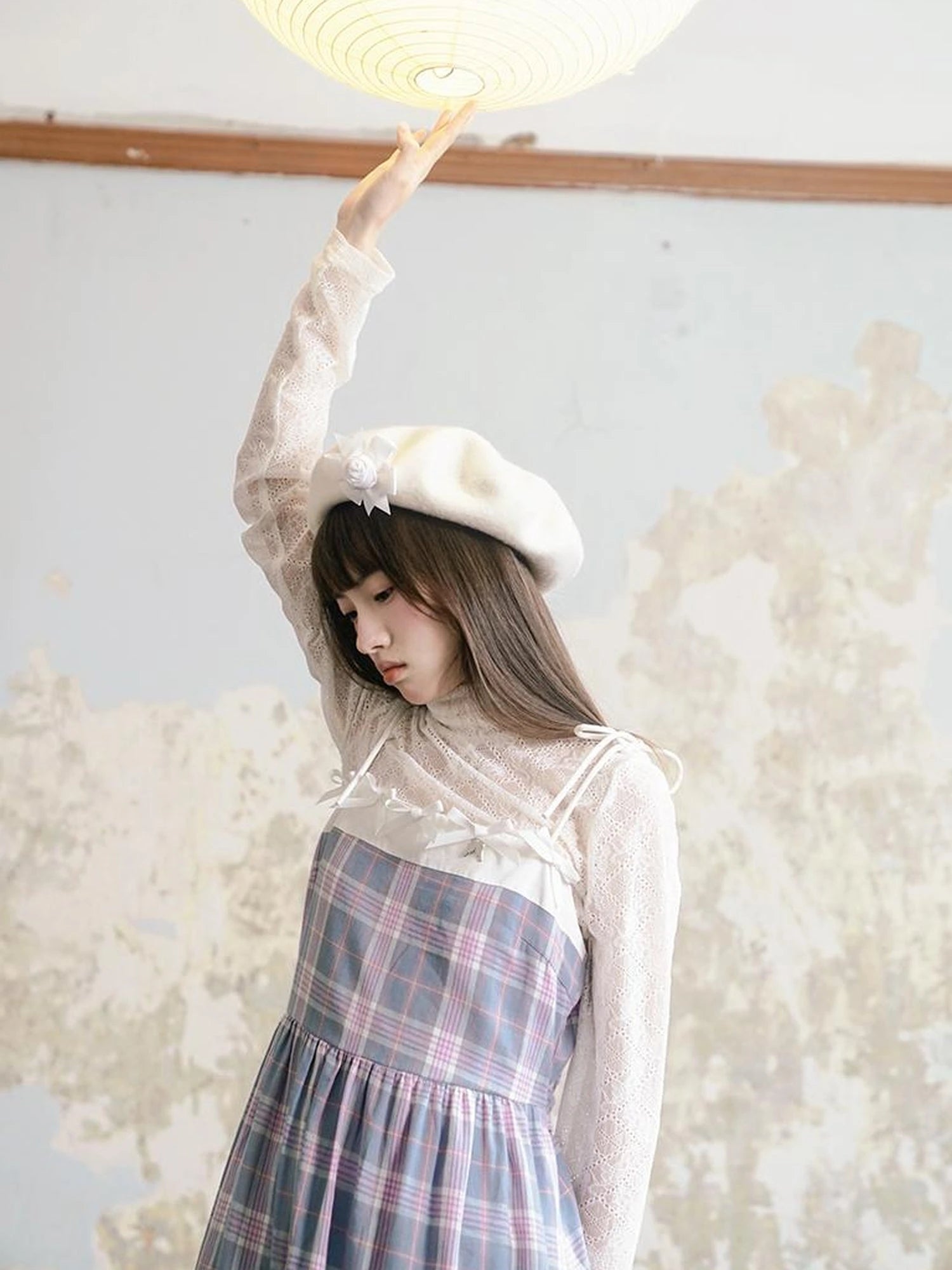 Day To Day Angel Heart Bow Checkered Lace Trim Maxi Dress