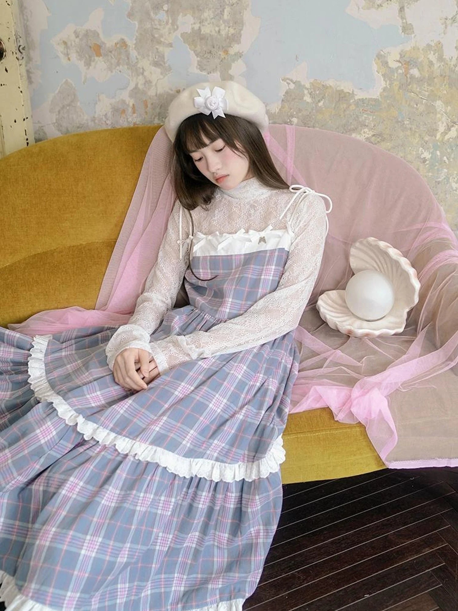 Day To Day Angel Heart Bow Checkered Lace Trim Maxi Dress