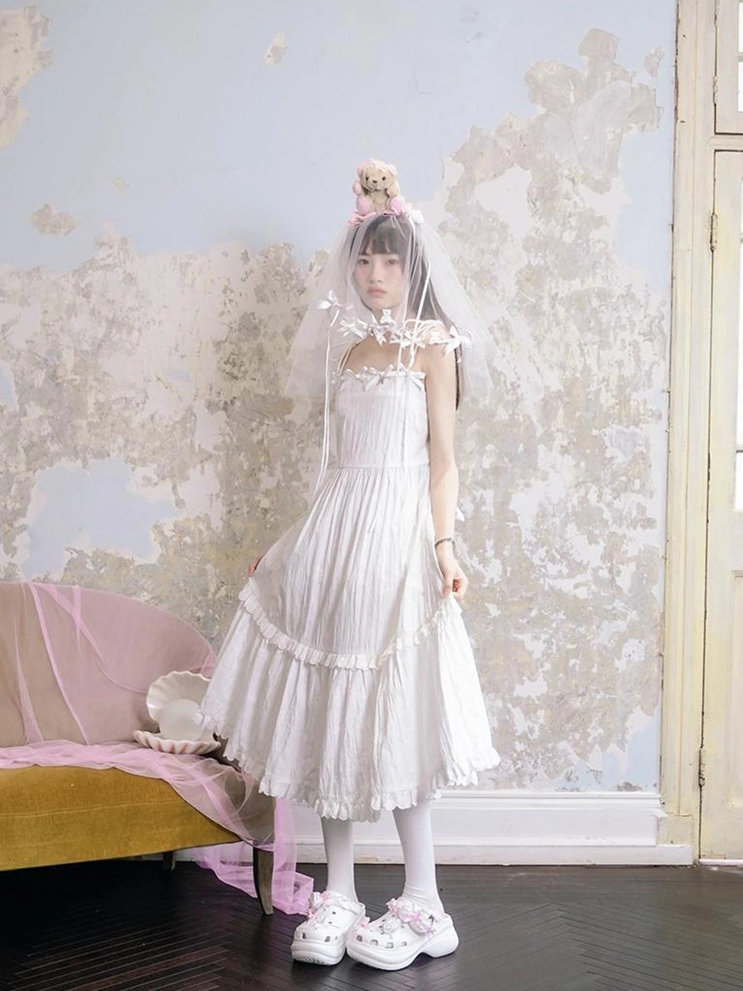 Day To Day Angel Heart Bow Checkered Lace Trim Maxi Dress