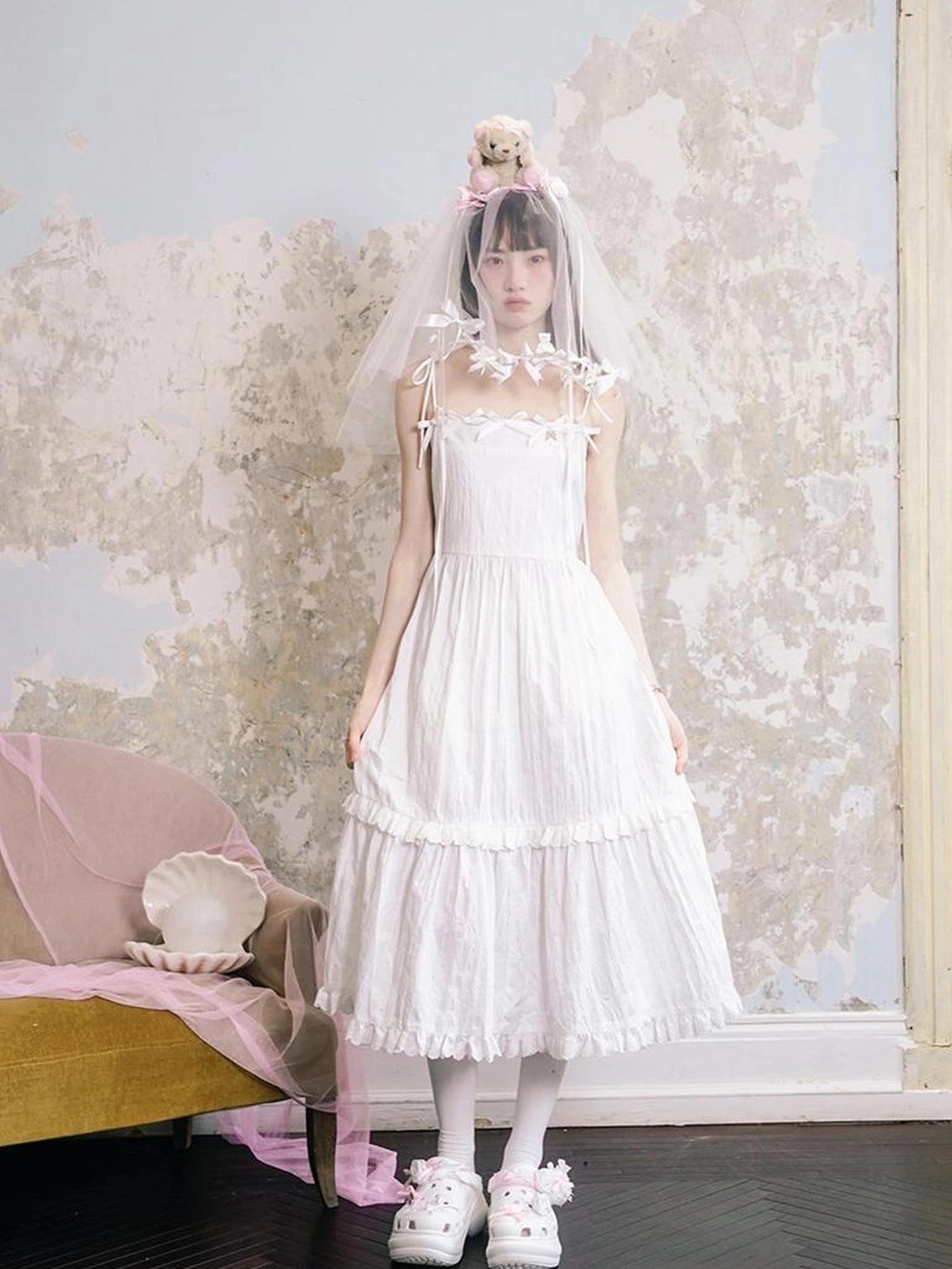 Day To Day Angel Heart Bow Checkered Lace Trim Maxi Dress