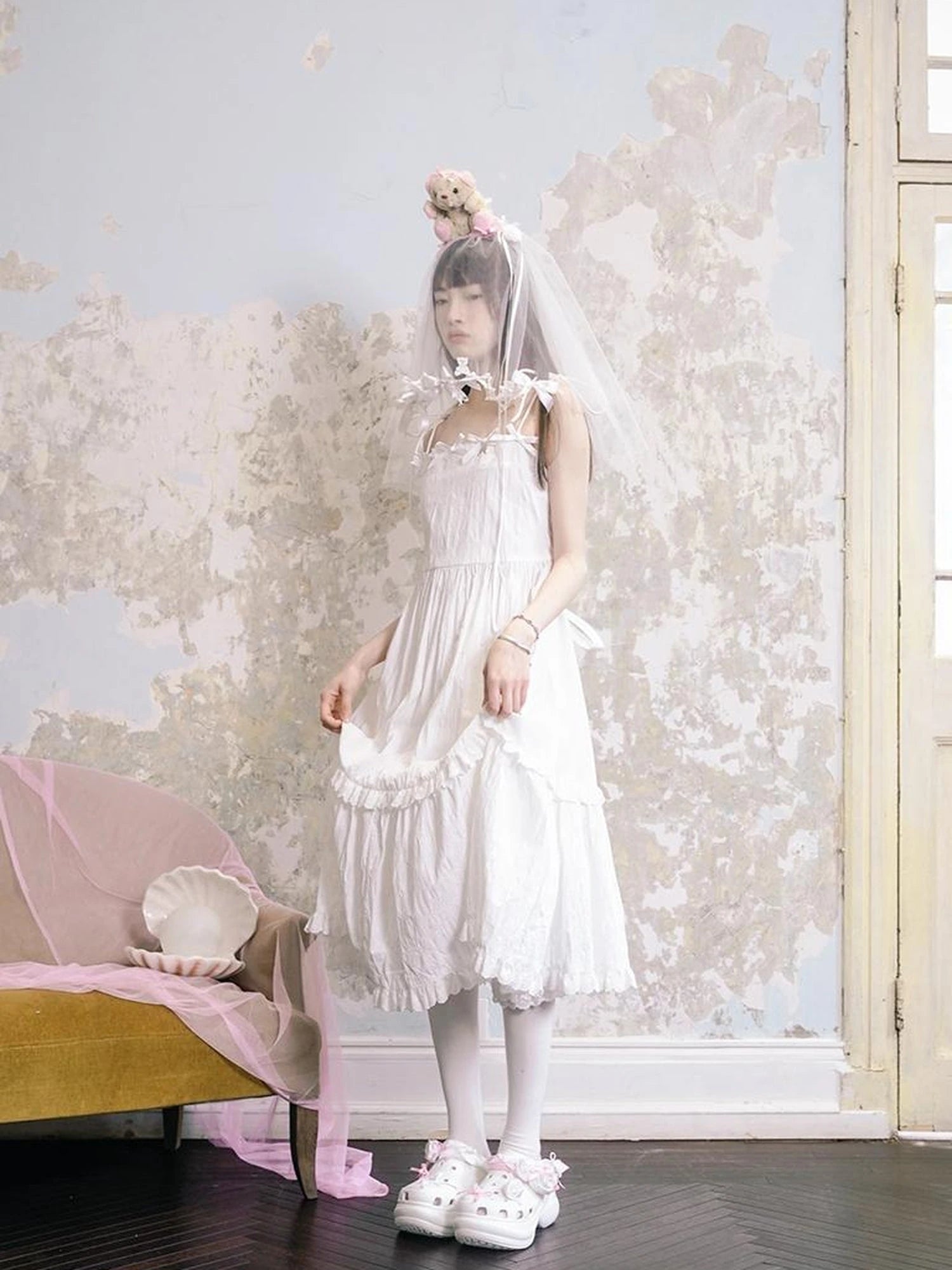 Day To Day Angel Heart Bow Checkered Lace Trim Maxi Dress