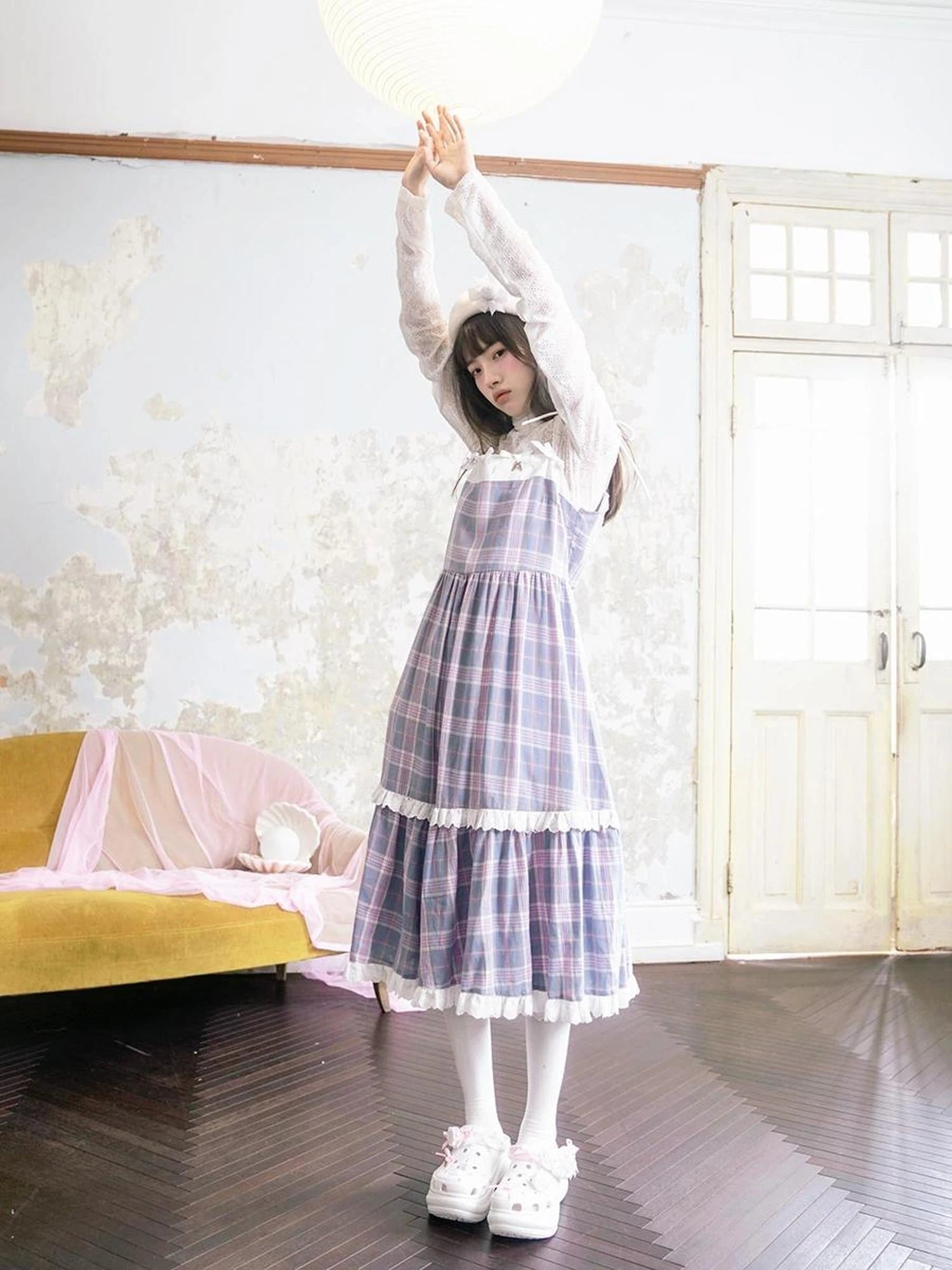 Day To Day Angel Heart Bow Checkered Lace Trim Maxi Dress