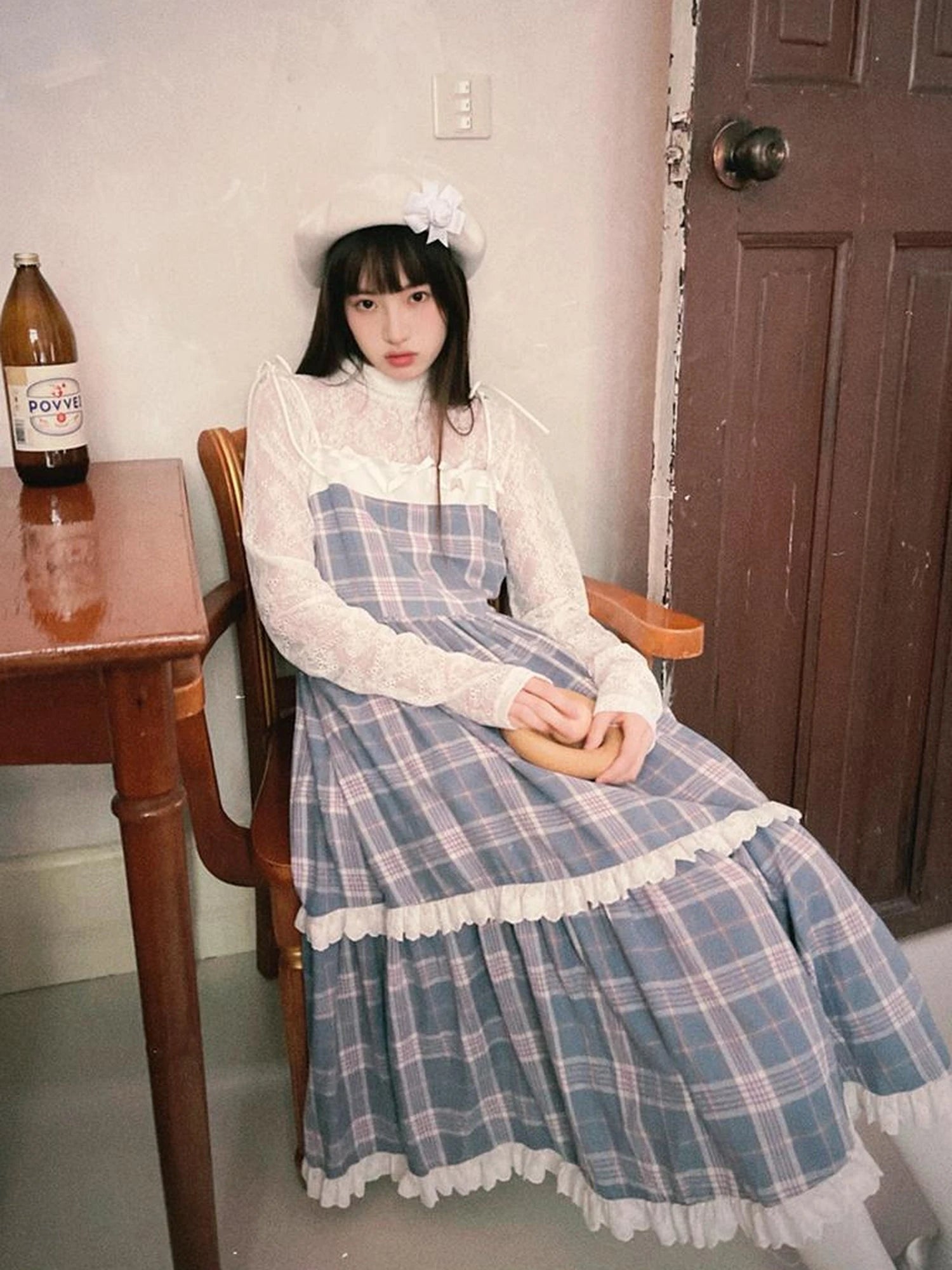 Day To Day Angel Heart Bow Checkered Lace Trim Maxi Dress