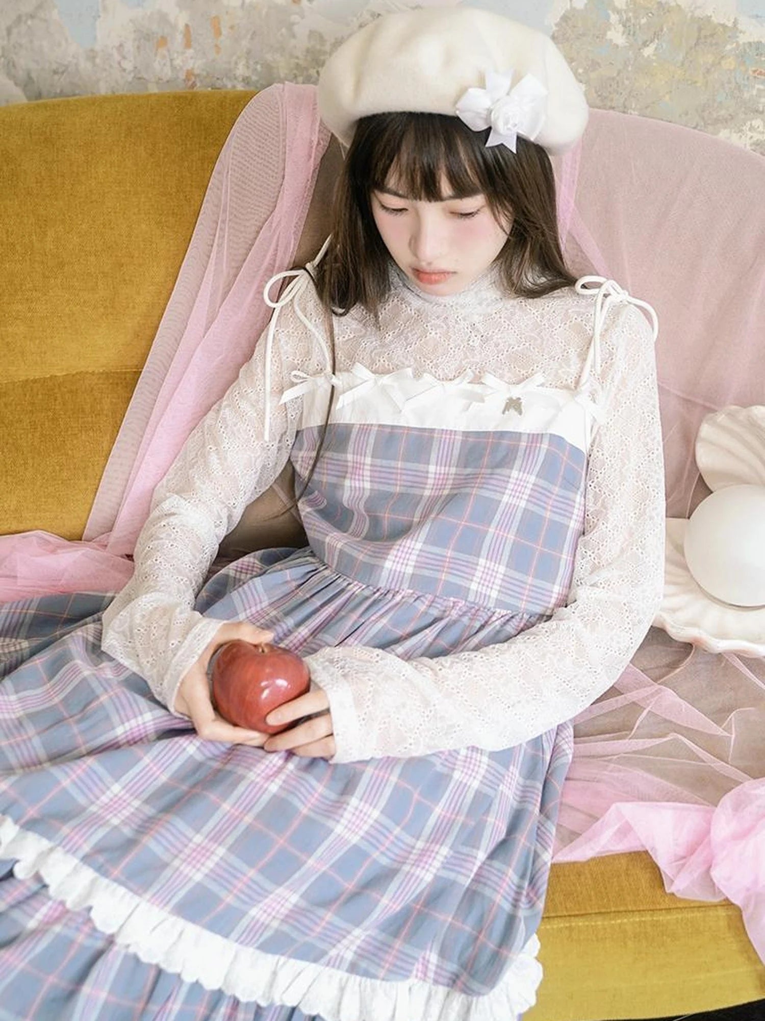 Day To Day Angel Heart Bow Checkered Lace Trim Maxi Dress