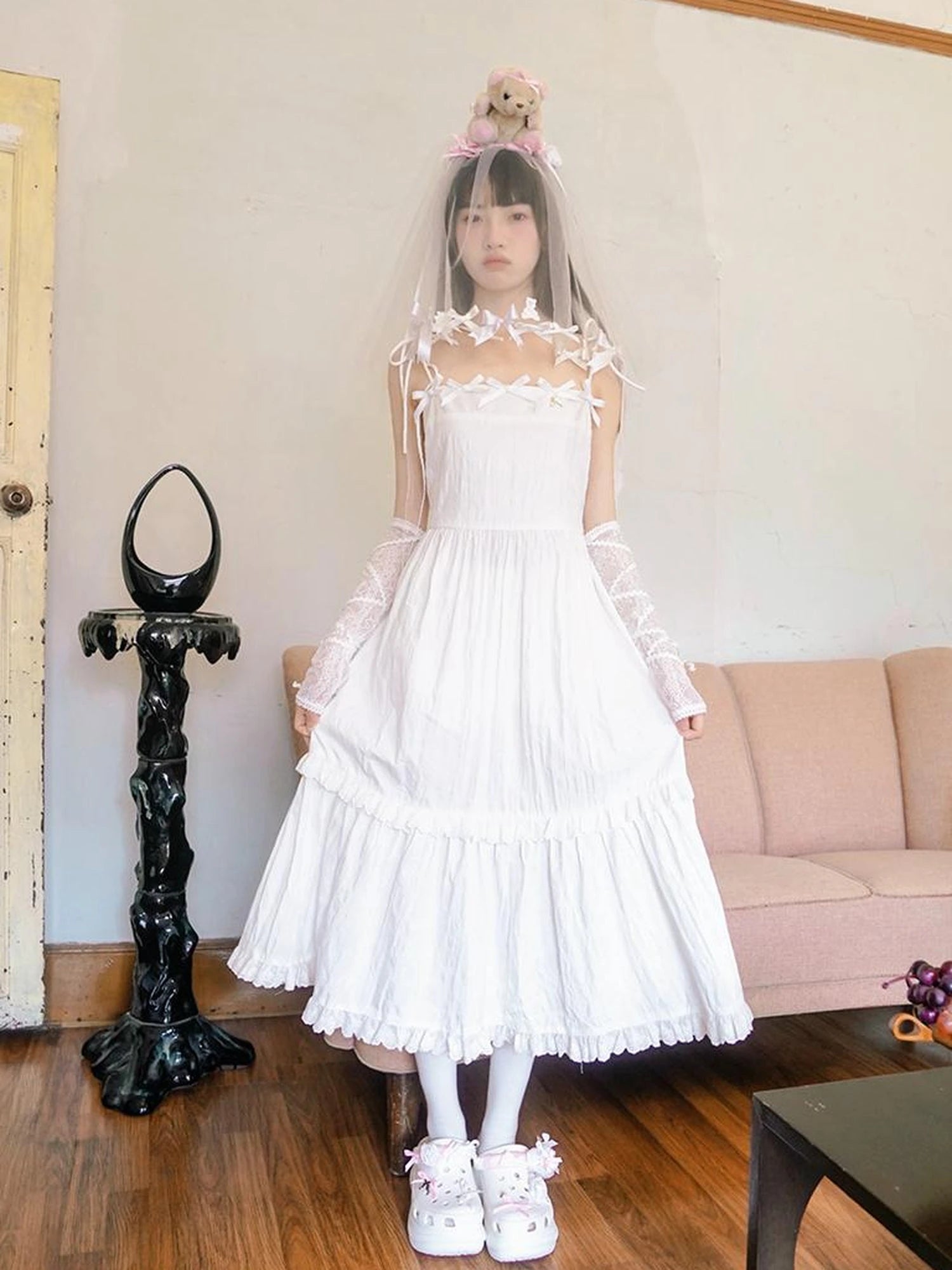 Day To Day Angel Heart Bow Checkered Lace Trim Maxi Dress