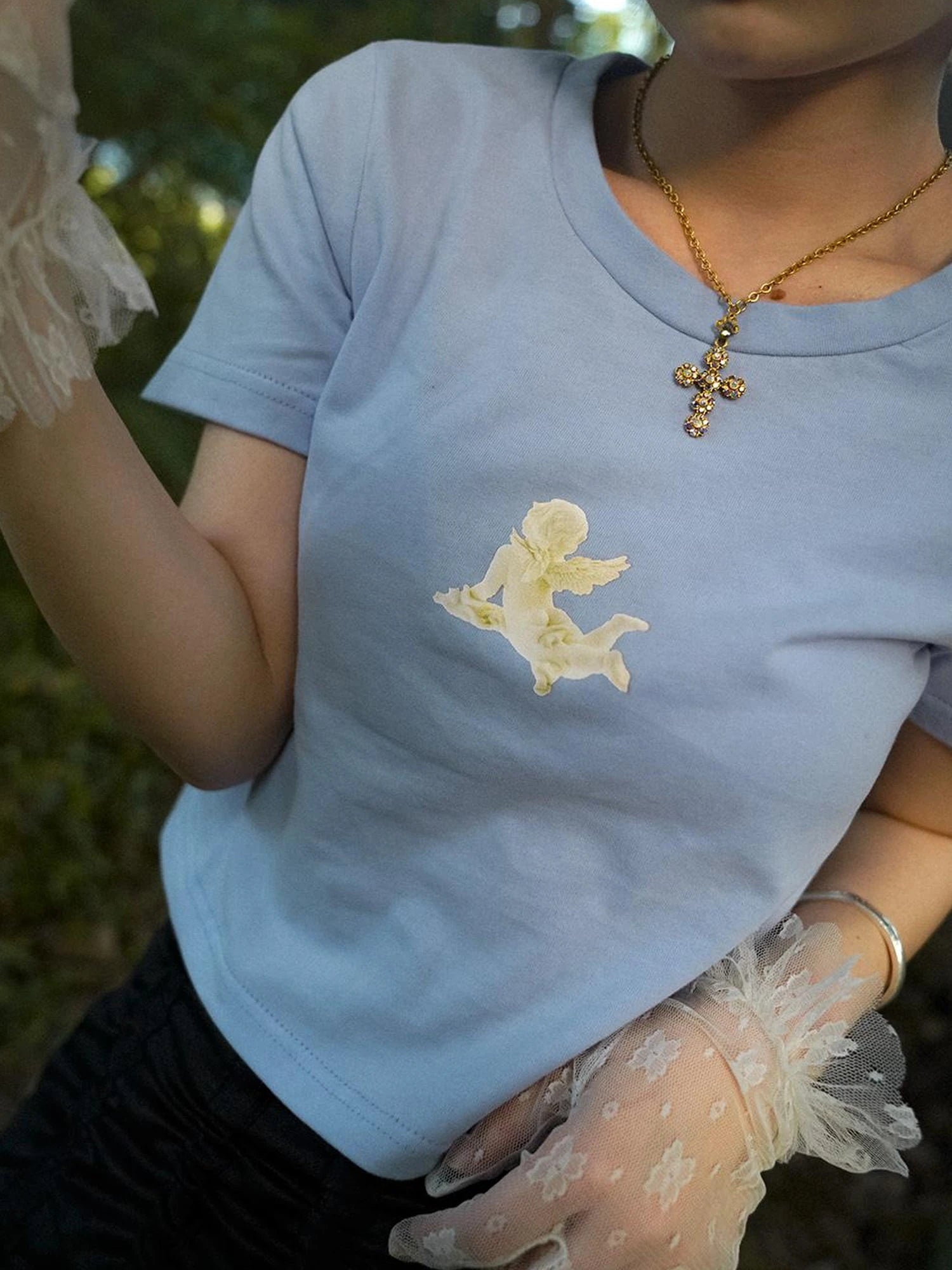 Day To Day Angel Print Cute Cropped T Shirt