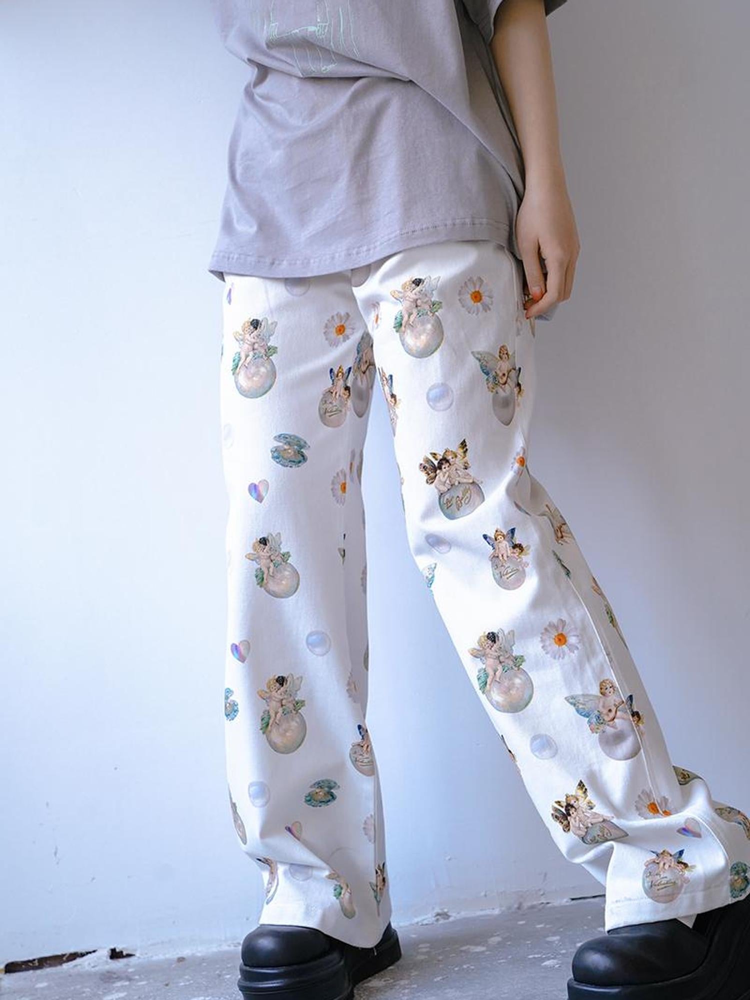 Daytoday Day To Day Angel Print Denim Pants Straight Leg Wide Leg