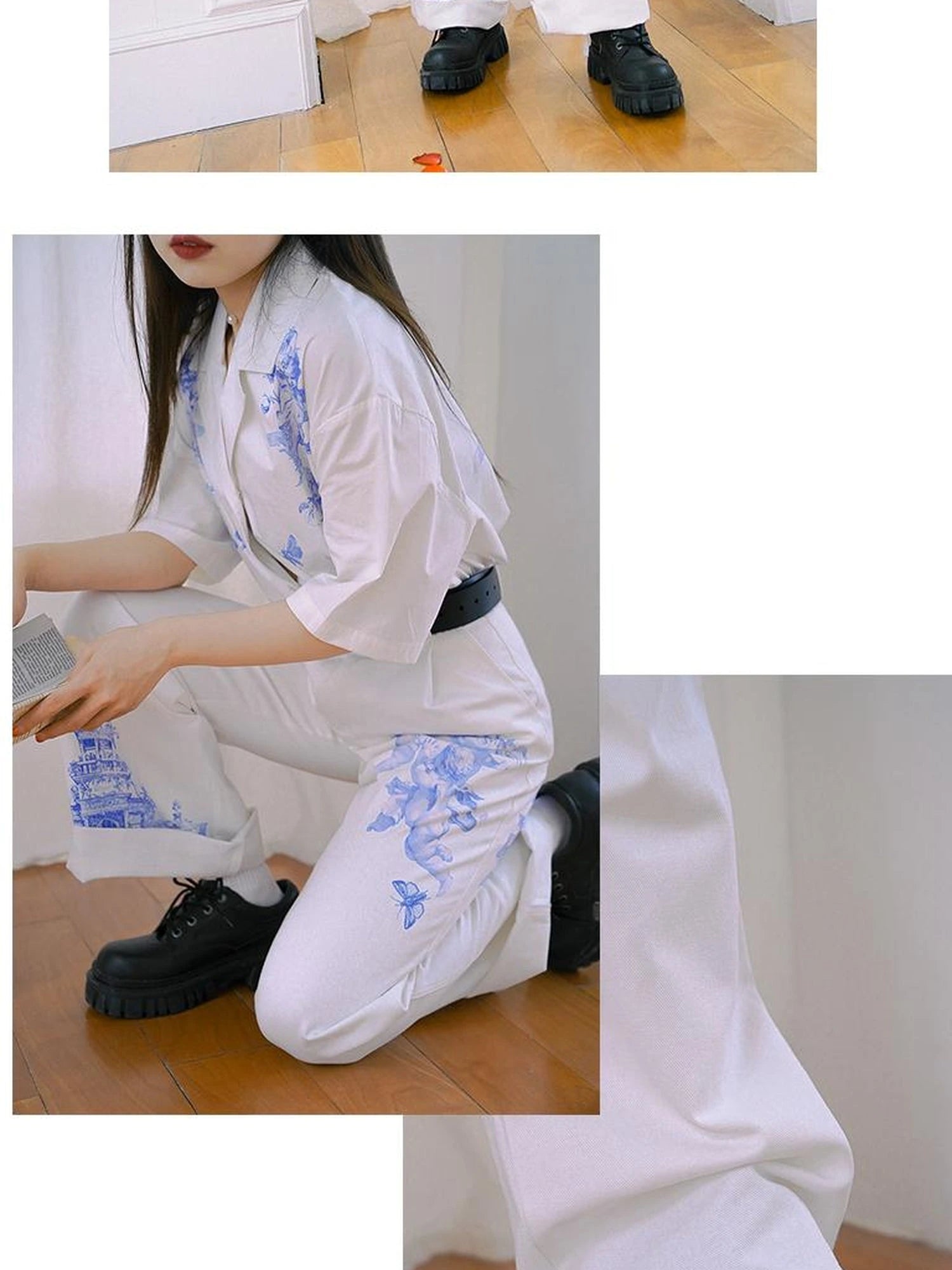 Day To Day Angel Print Denim Pants Straight Leg Wide Leg