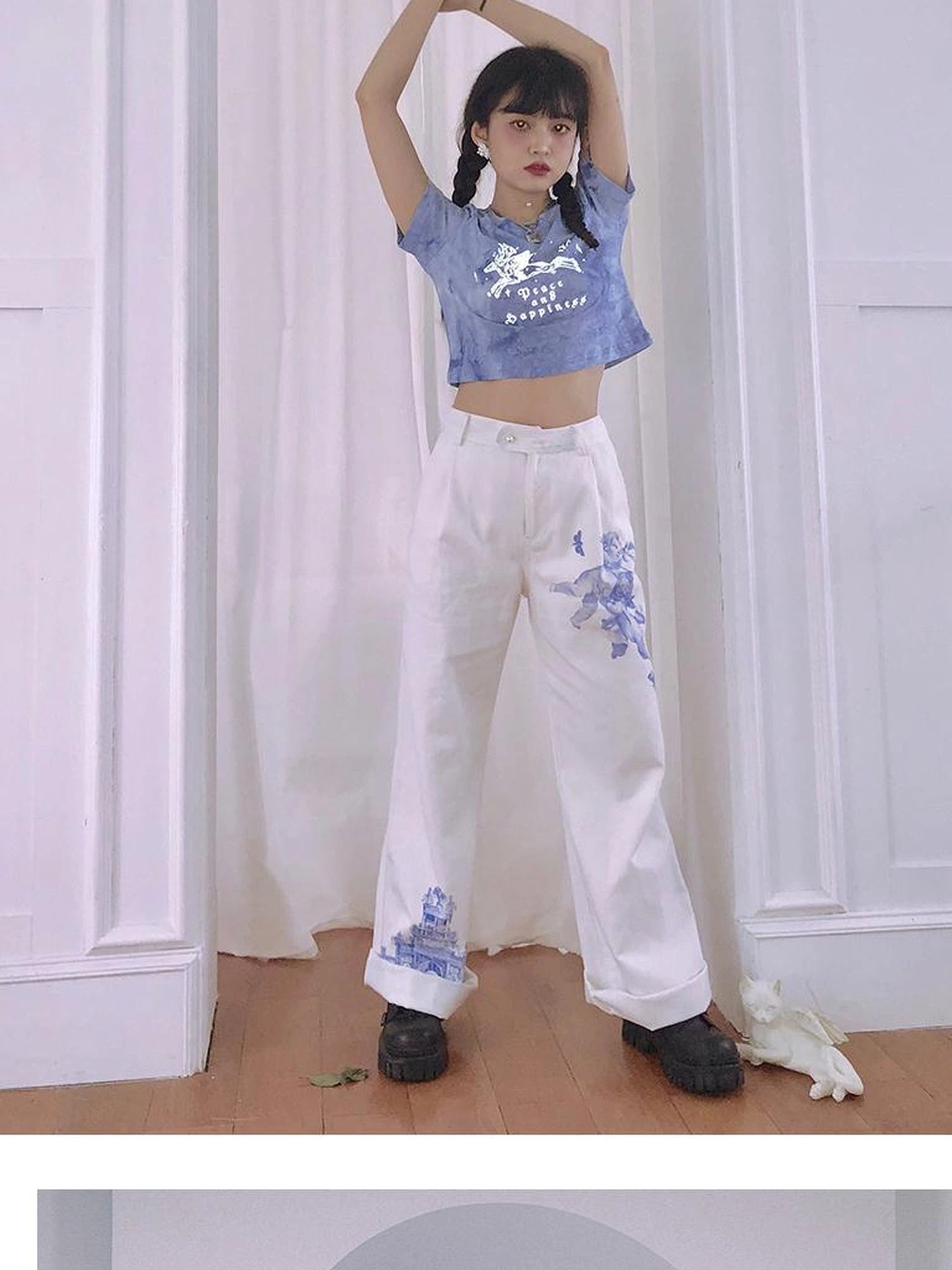 Day To Day Angel Print Denim Pants Straight Leg Wide Leg