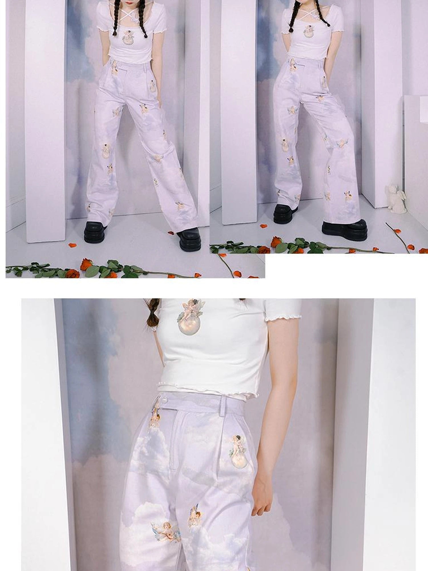 Day To Day Angel Print Denim Pants Straight Leg Wide Leg