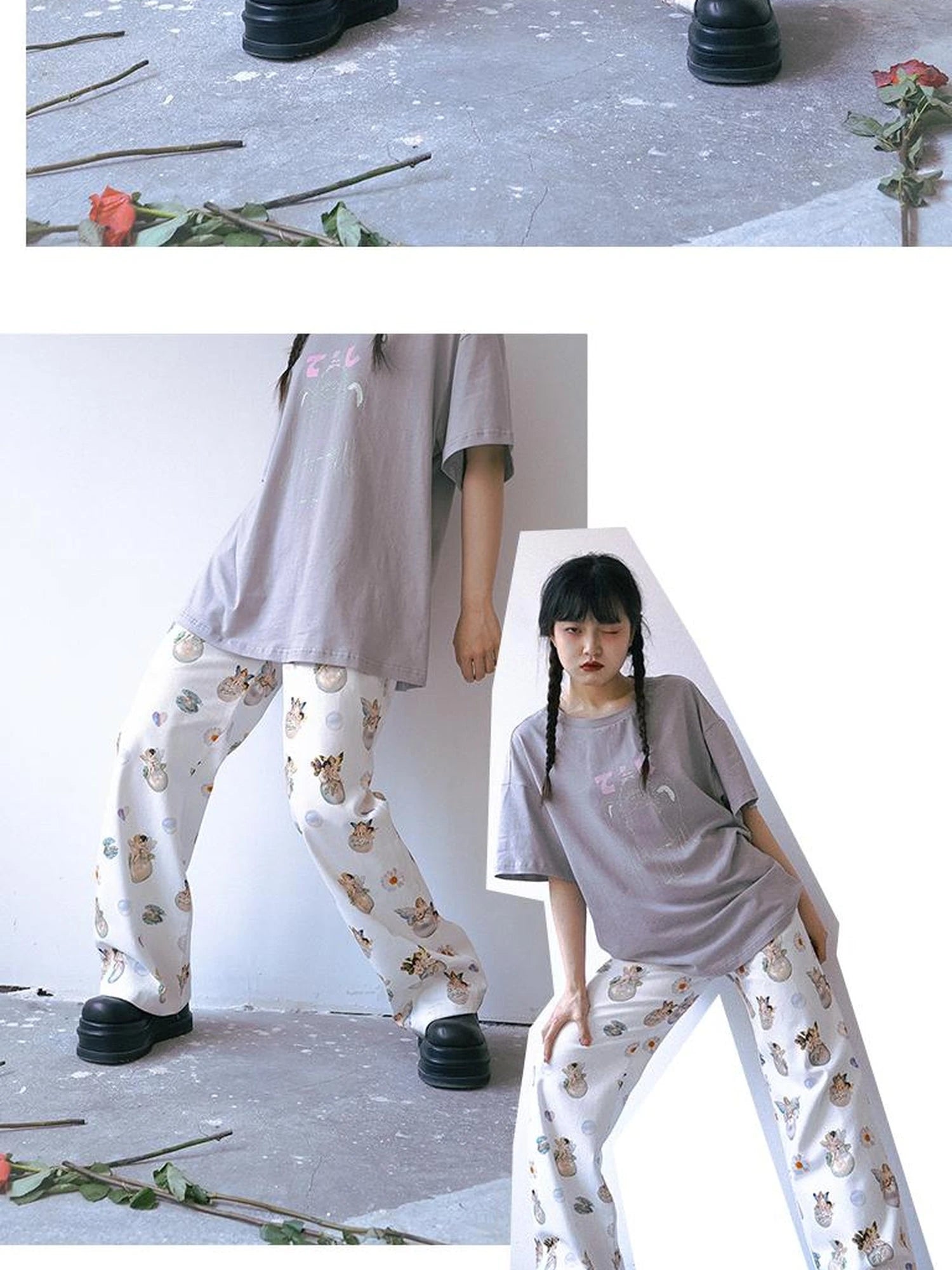 Day To Day Angel Print Denim Pants Straight Leg Wide Leg