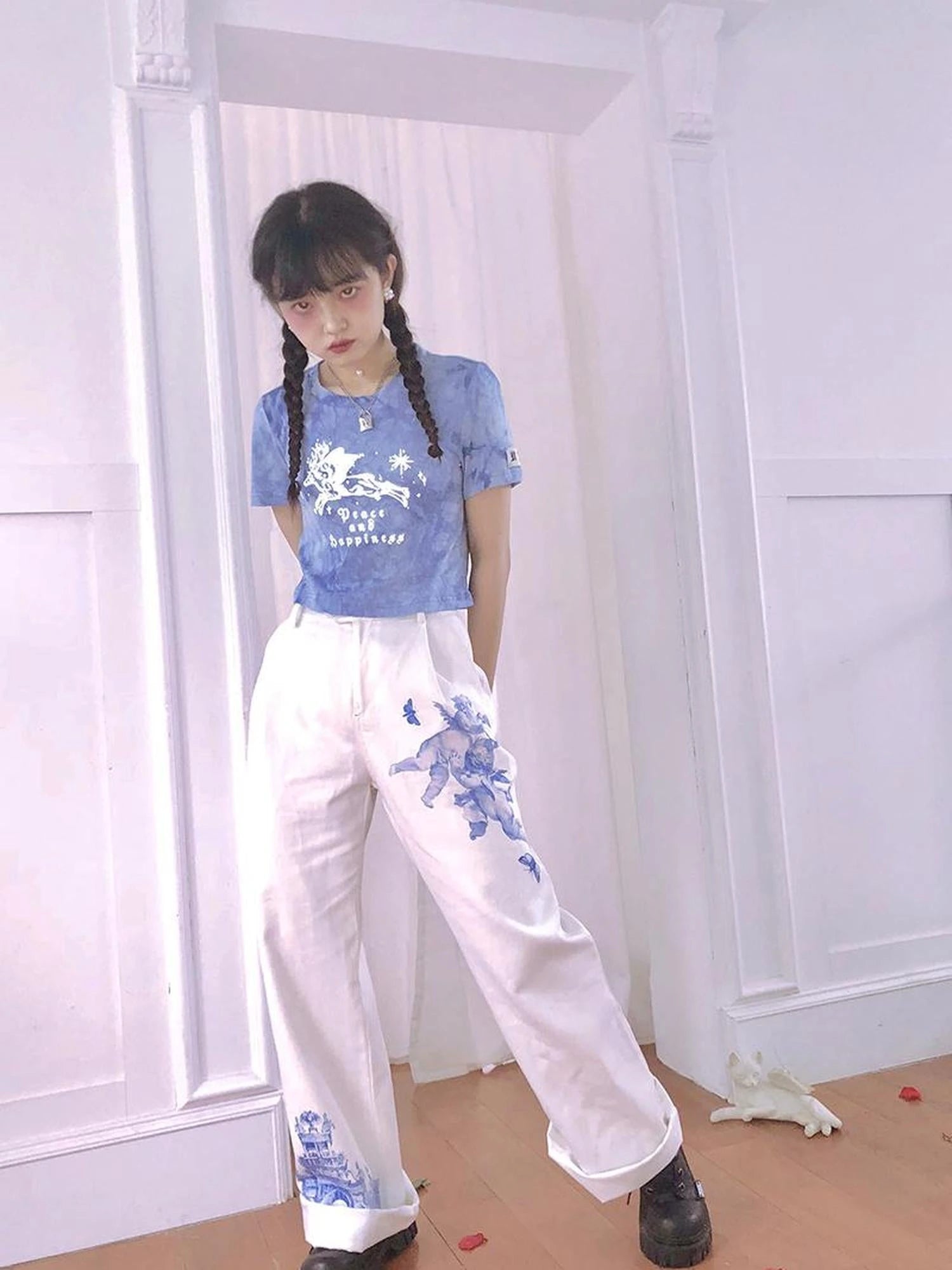 Day To Day Angel Print Denim Pants Straight Leg Wide Leg